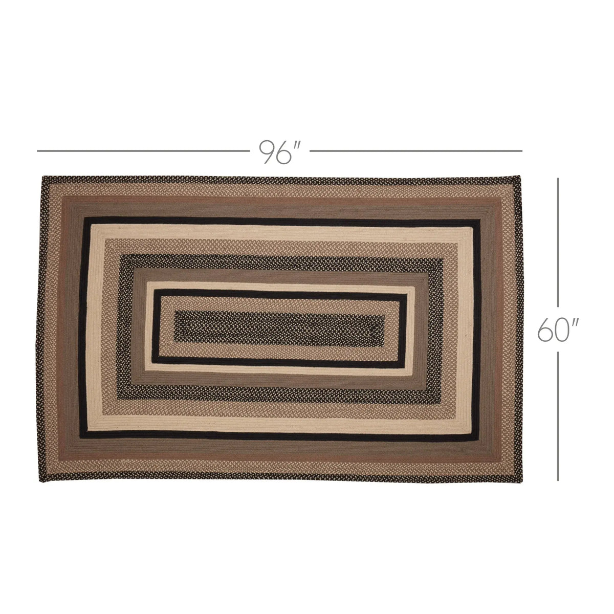 A rectangular braided area rug with concentric rectangular bands in brown, beige, black, and taupe tones, shown on a white background with dimension lines indicating 96 inches by 60 inches.