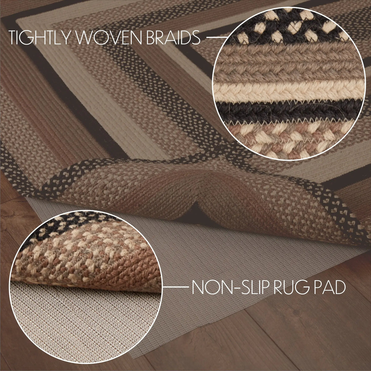 A braided area rug in beige, brown, and black tones shown on a wood floor, with two circular callouts highlighting tightly woven braids and a non-slip rug pad underneath. Text labels point to the braids and non-slip pad.