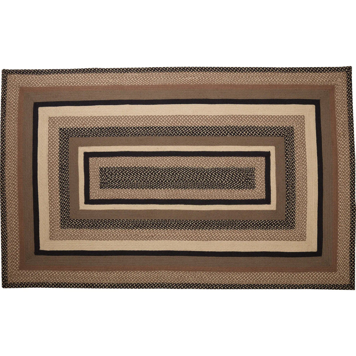 A rectangular braided area rug with concentric rectangular borders in shades of brown, beige, and black, shown flat against a white background.