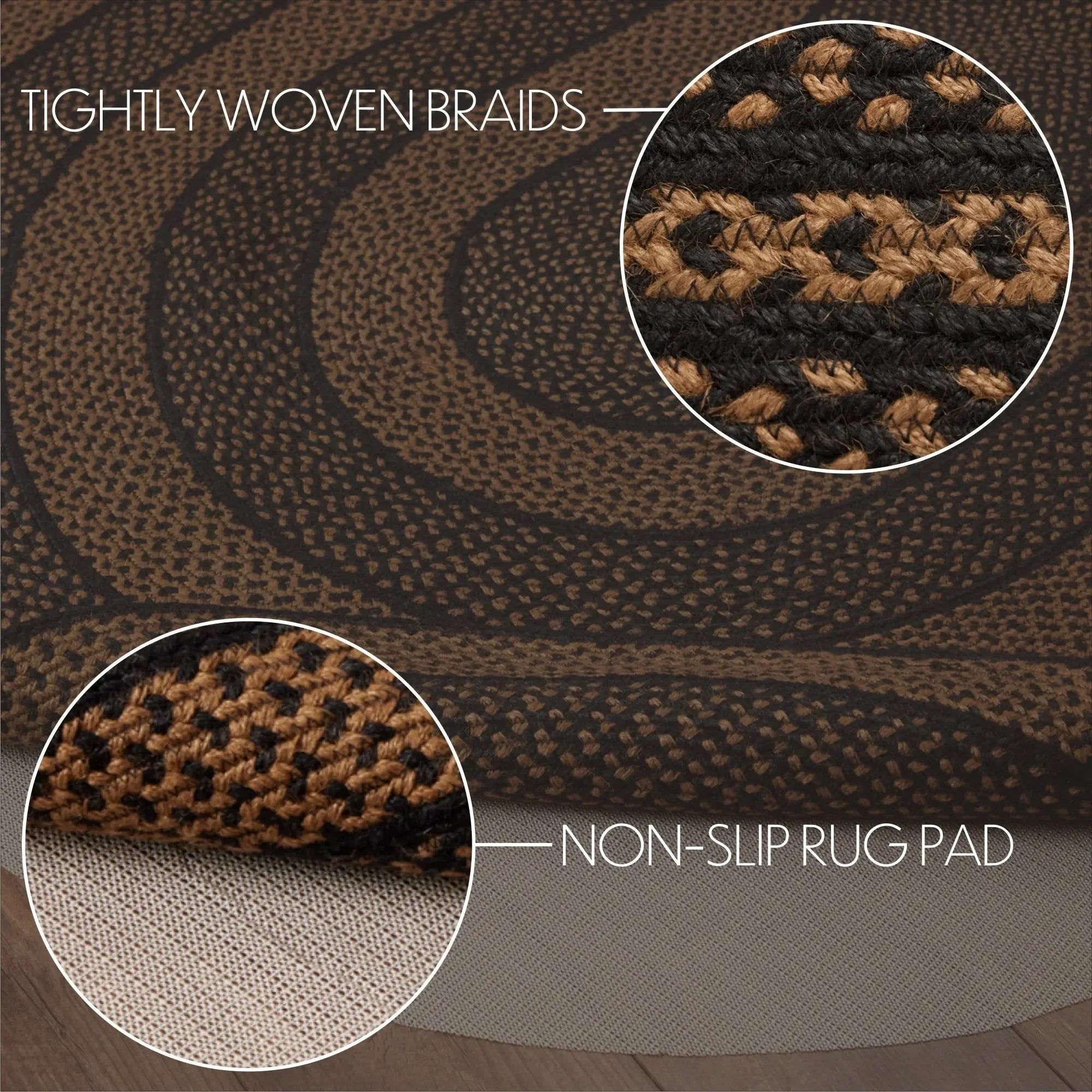 Brown braided rug with close-up details on texture and non-slip pad