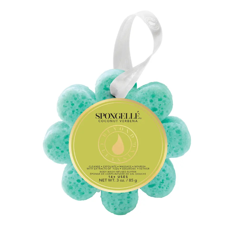 Spongelle bath bomb with a white ribbon on a white background
