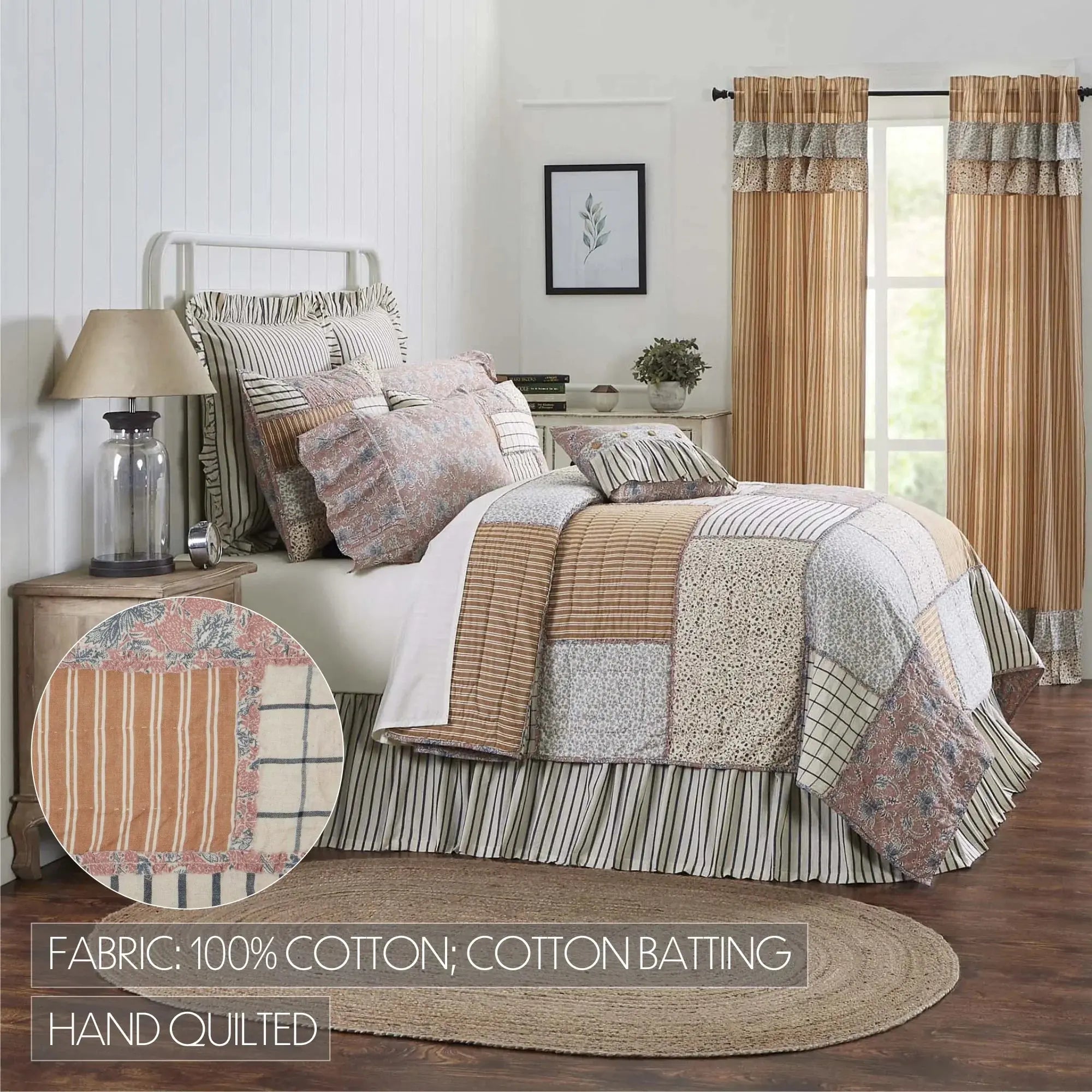 Hand-quilted 100% cotton patchwork comforter set in farmhouse style with ruffled bedding and striped curtains