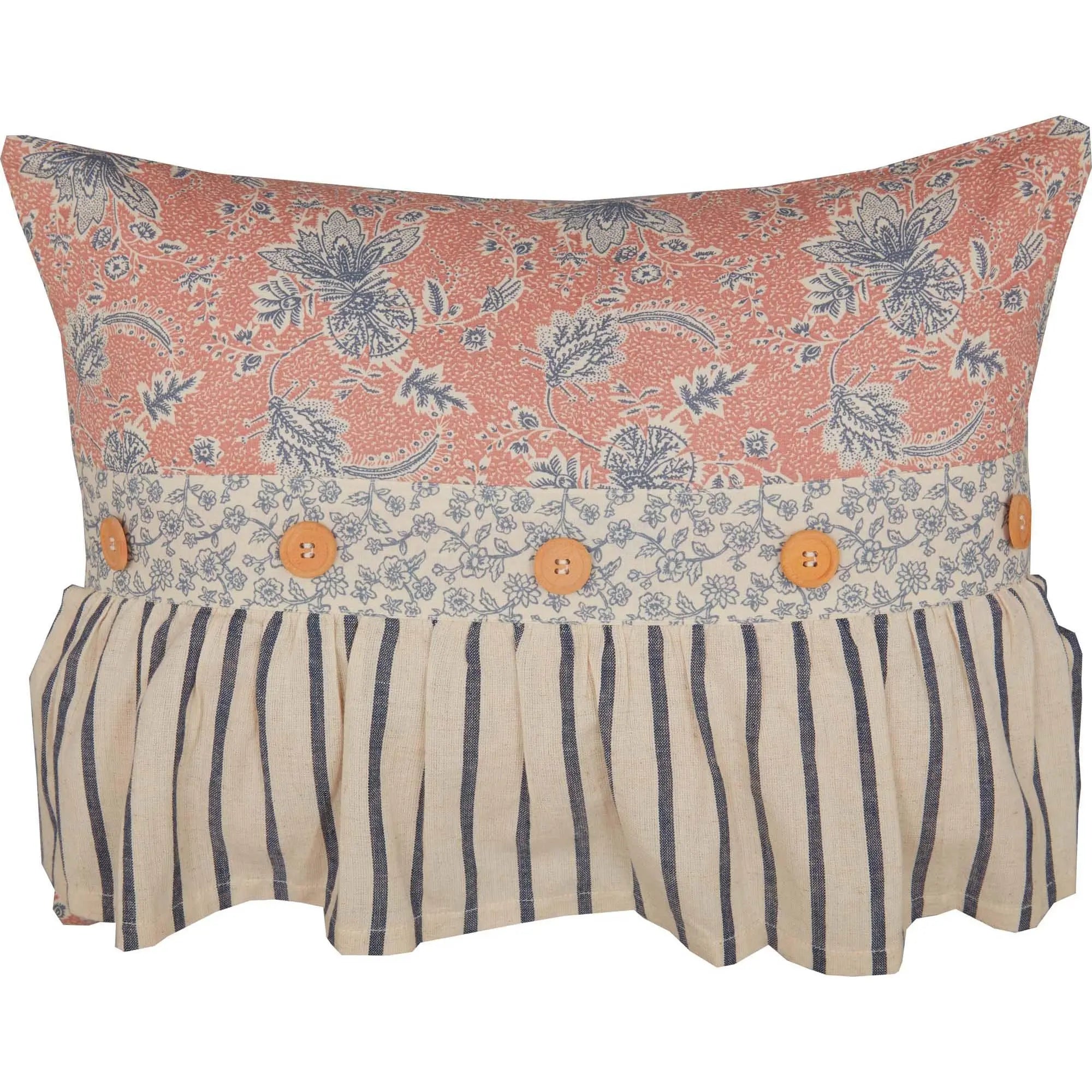 Farmhouse-style pillow with floral print, striped ruffle, and wooden buttons for cozy cottage decor
