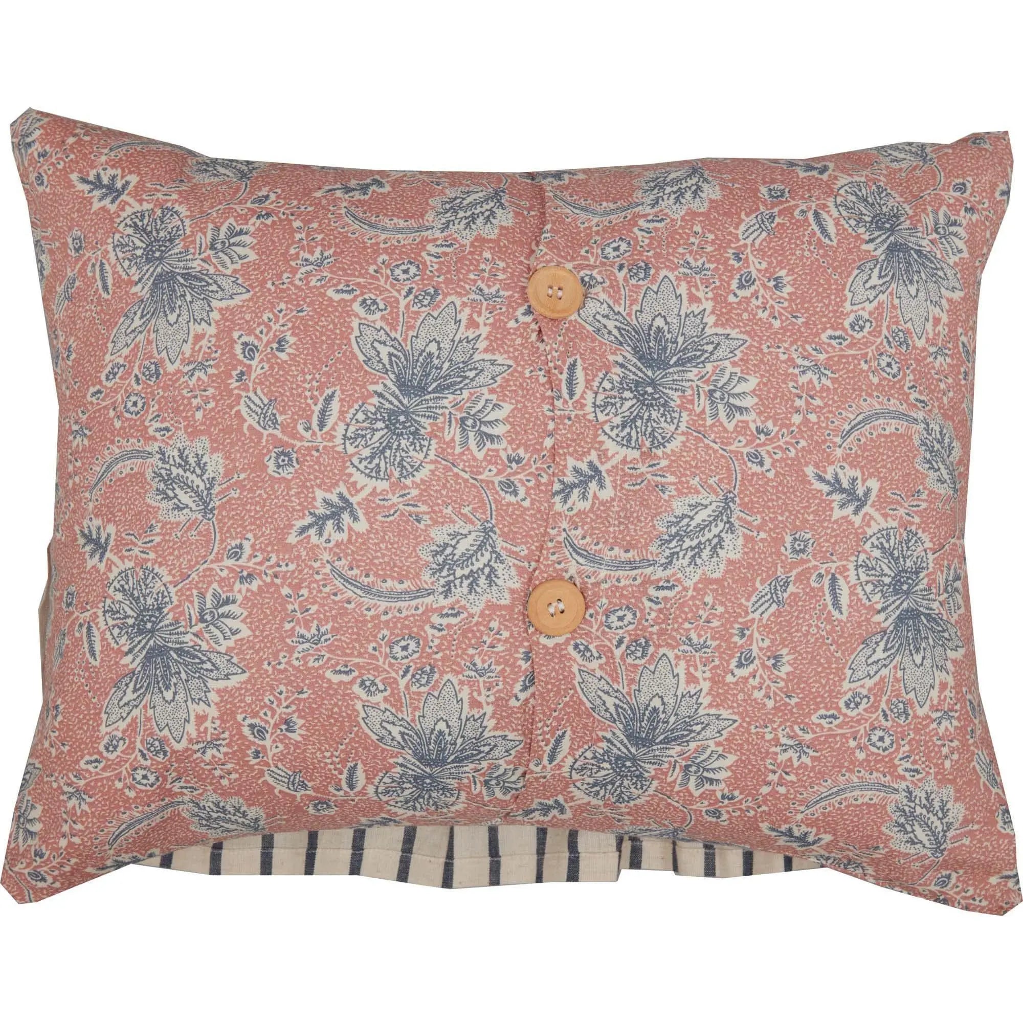 Rustic floral pillow with blue botanical print, wooden buttons, and striped trim for farmhouse decor