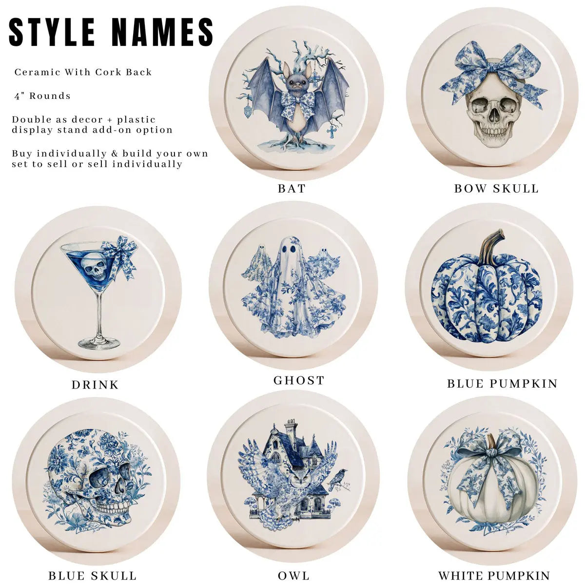 Set of ceramic coasters with blue and white designs on a white background