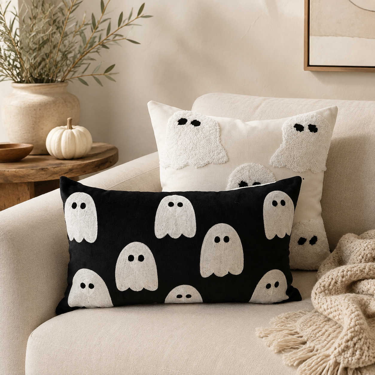 Two decorative throw pillows on a beige sofa in a styled living room. The front pillow is black with white ghost motifs, and the back pillow is white with black ghost motifs.
