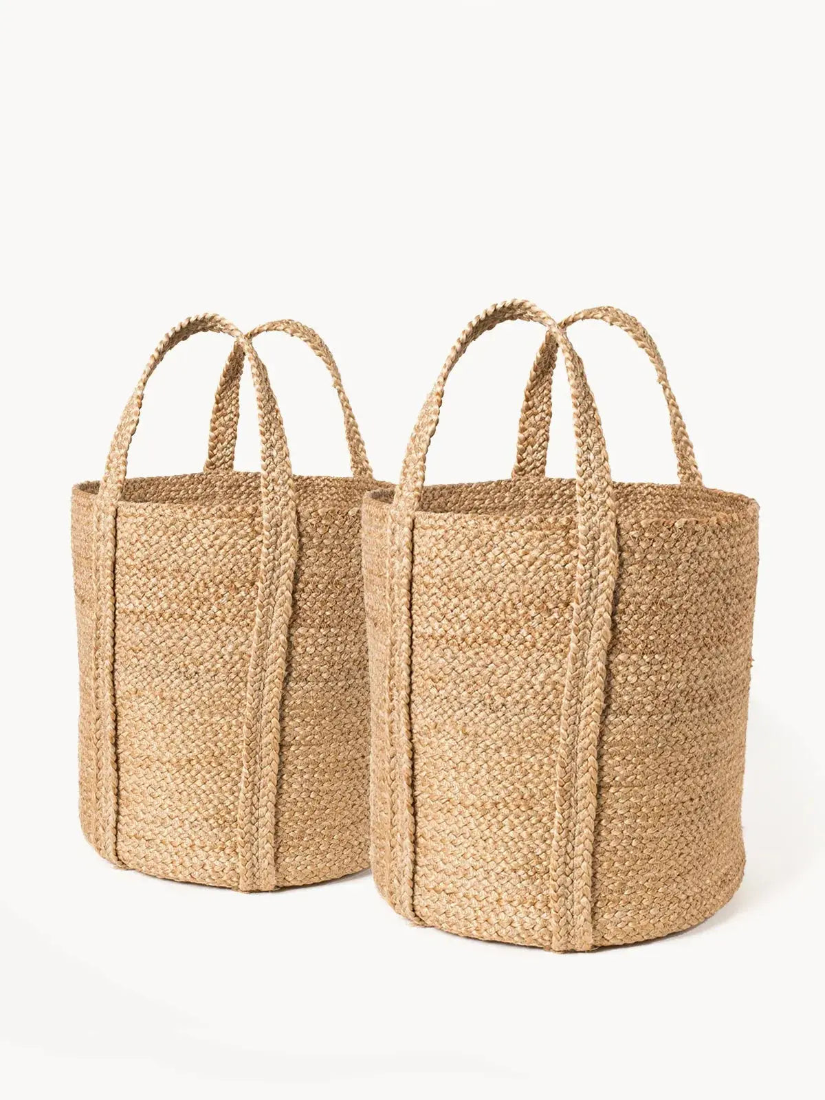 Set of two woven seagrass baskets with handles, farmhouse decor for cozy home organization
