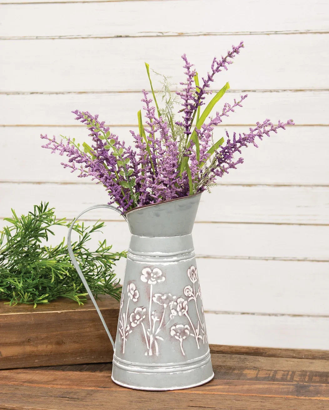Washed Blue Metal Flower Embossed Water Pitcher