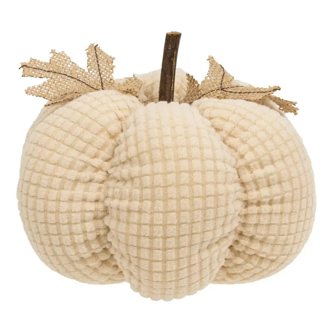 Ivory Waffle Weave Pumpkin with Burlap Leaves | 7"