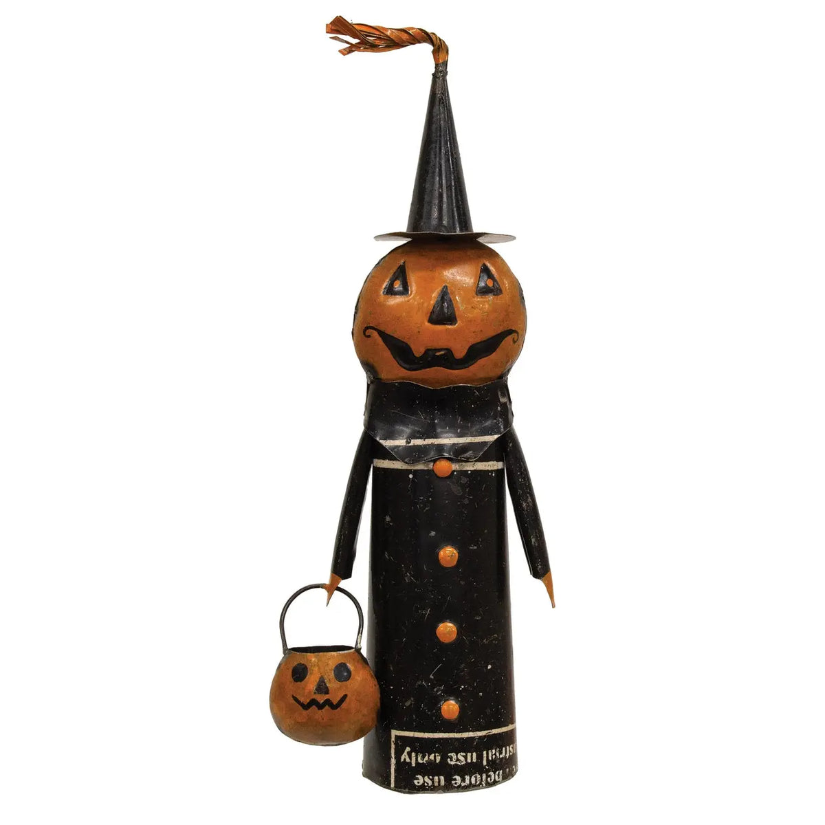 Recycled Metal Jack O’ Lantern Witch with Candy Bucket – 16.75 Inch