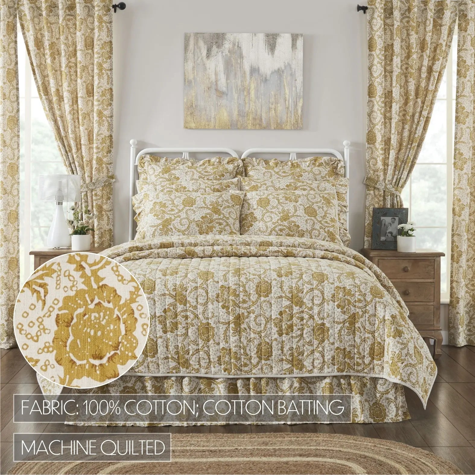 A bed dressed in a cream and mustard yellow damask-patterned cotton quilt set with matching pillow shams, shown in a styled bedroom. The image includes a circular fabric detail inset and text overlays stating 'FABRIC: 100% COTTON; COTTON BATTING' and 'MACHINE QUILTED'.