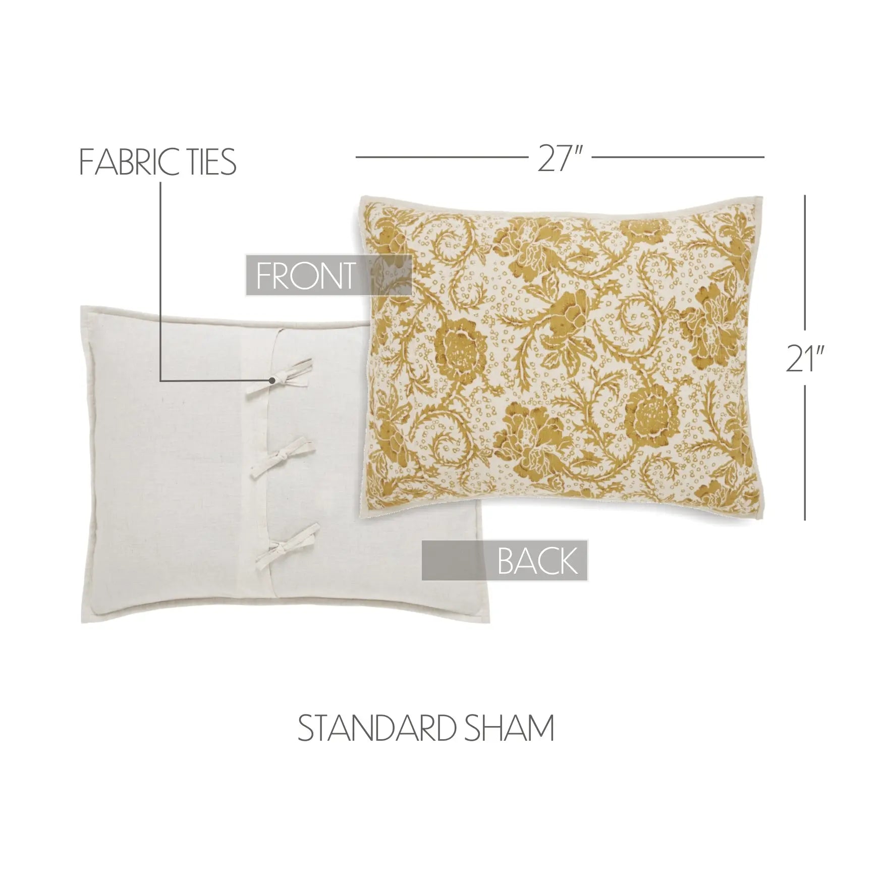 A standard sham pillow shown with front and back views on a white background, with dimension lines indicating 27 by 21 inches. The front side has a cream and mustard floral damask pattern, while the back side is plain cream with fabric ties.
