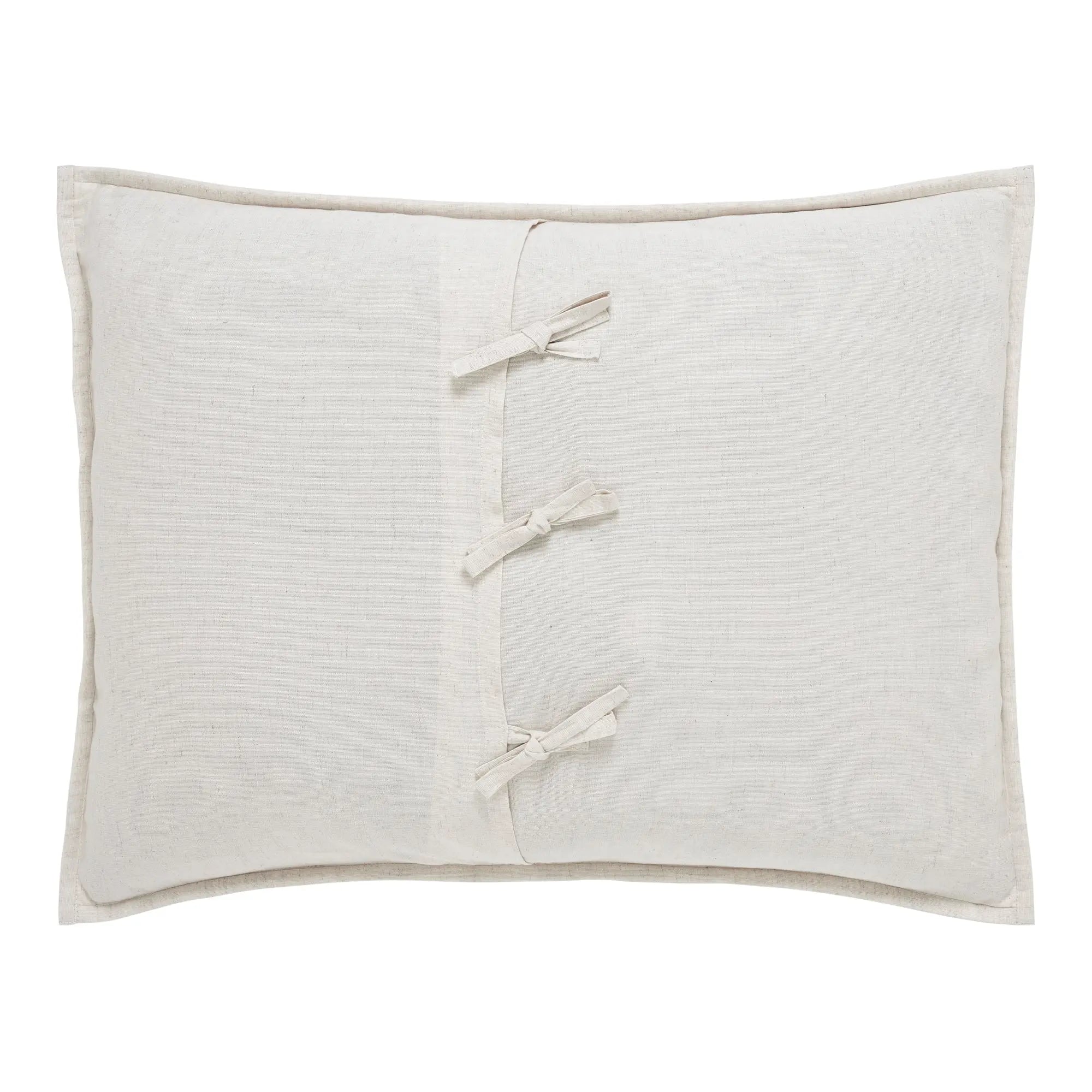 A square off-white linen pillow with three decorative fabric ties arranged vertically down the center, shown against a plain white background.