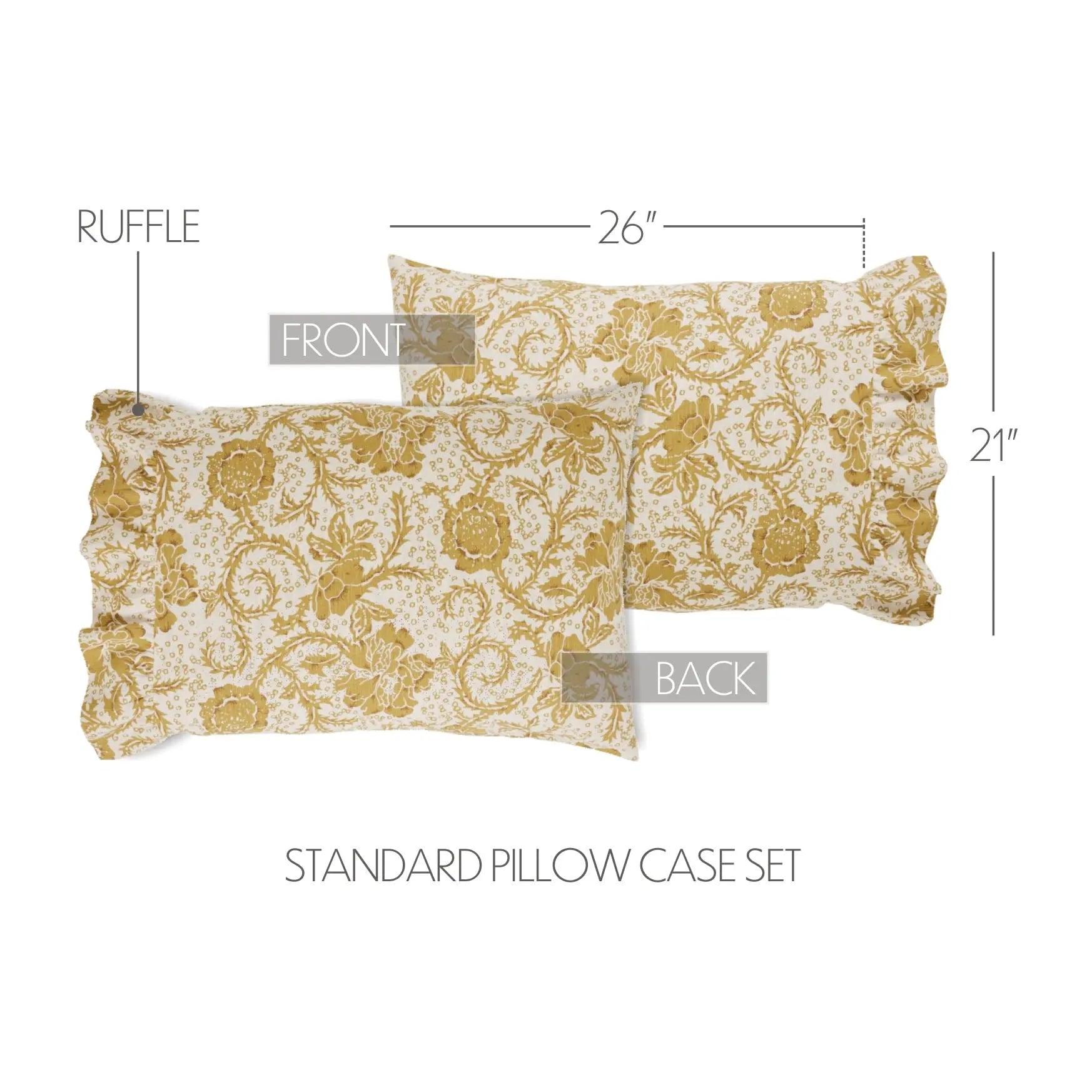 Standard pillow case set with floral pattern, showing front and back views with measurements.