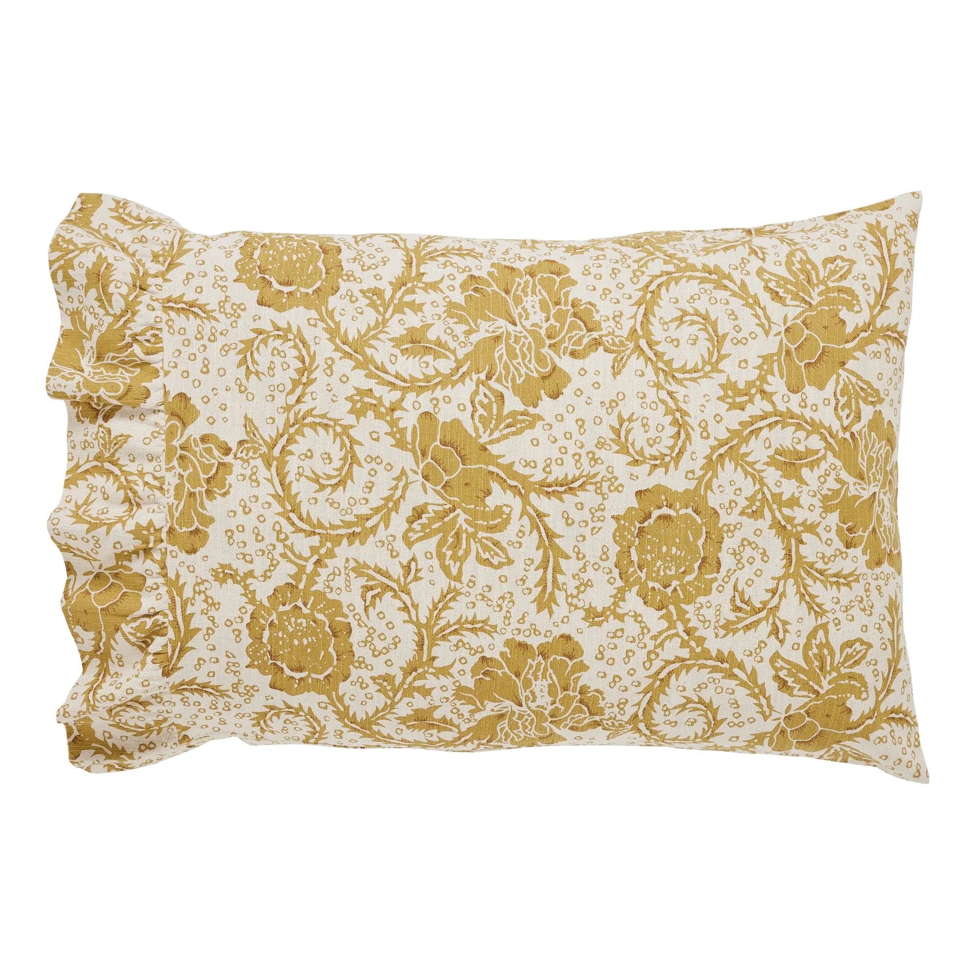 A rectangular decorative pillow with a ruffled edge, featuring a gold floral and scroll pattern on an off-white background.