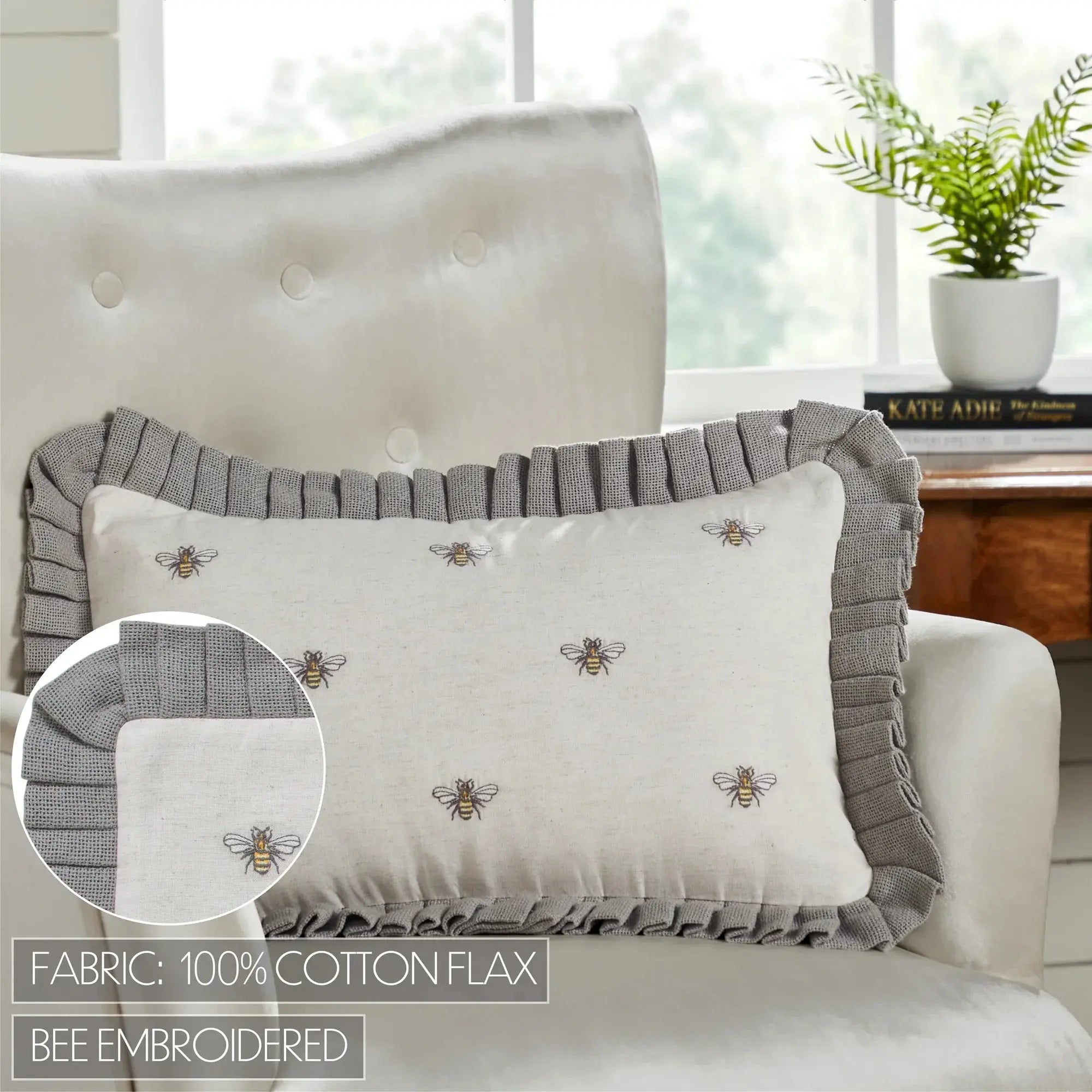 Cream pillow with embroidered bees and gray ruffled trim, 100% cotton flax, cozy farmhouse decor