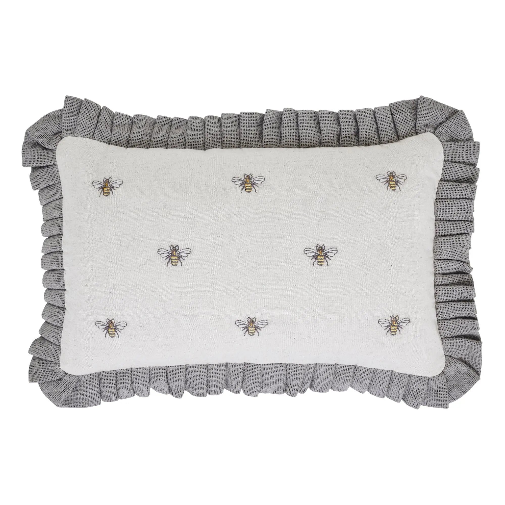 Gray ruffled pillow with embroidered bees, farmhouse cottage decor accent