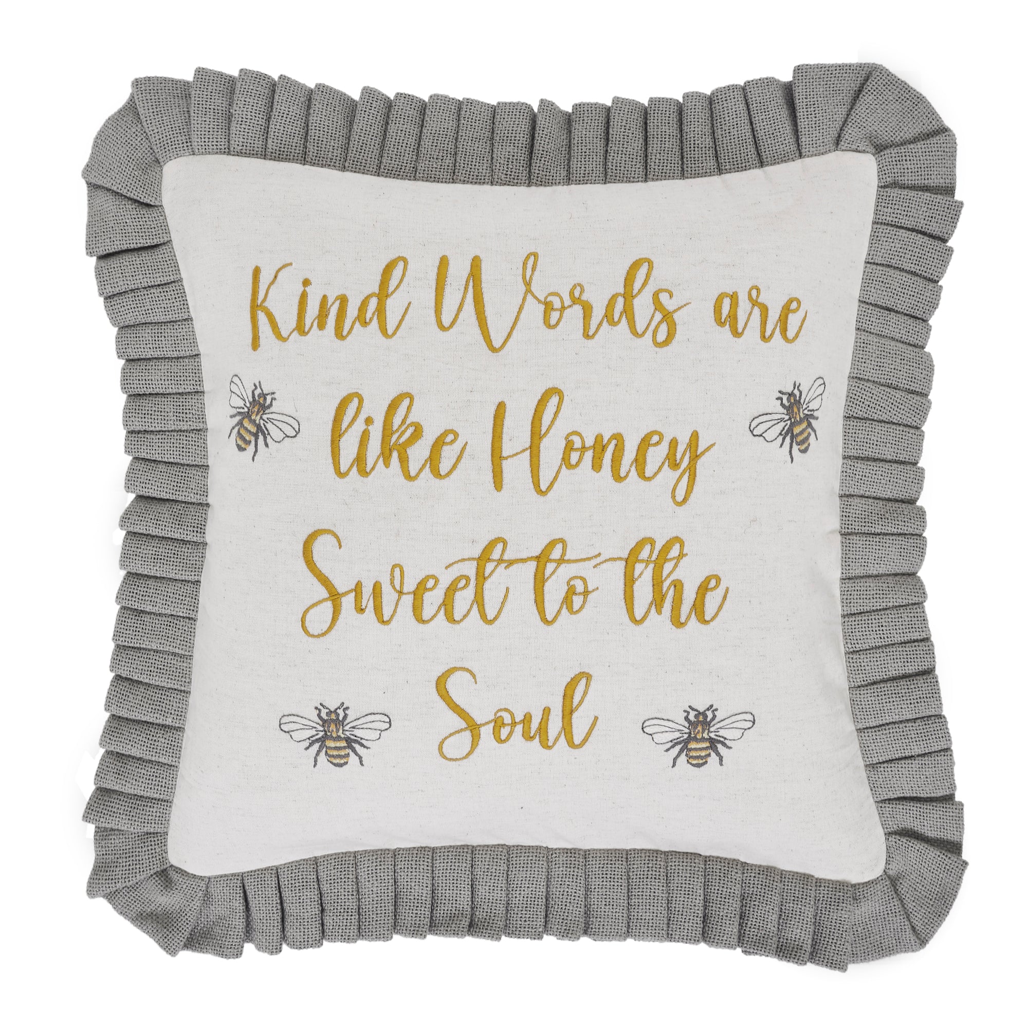 Decorative pillow with text and bee illustrations on a white background