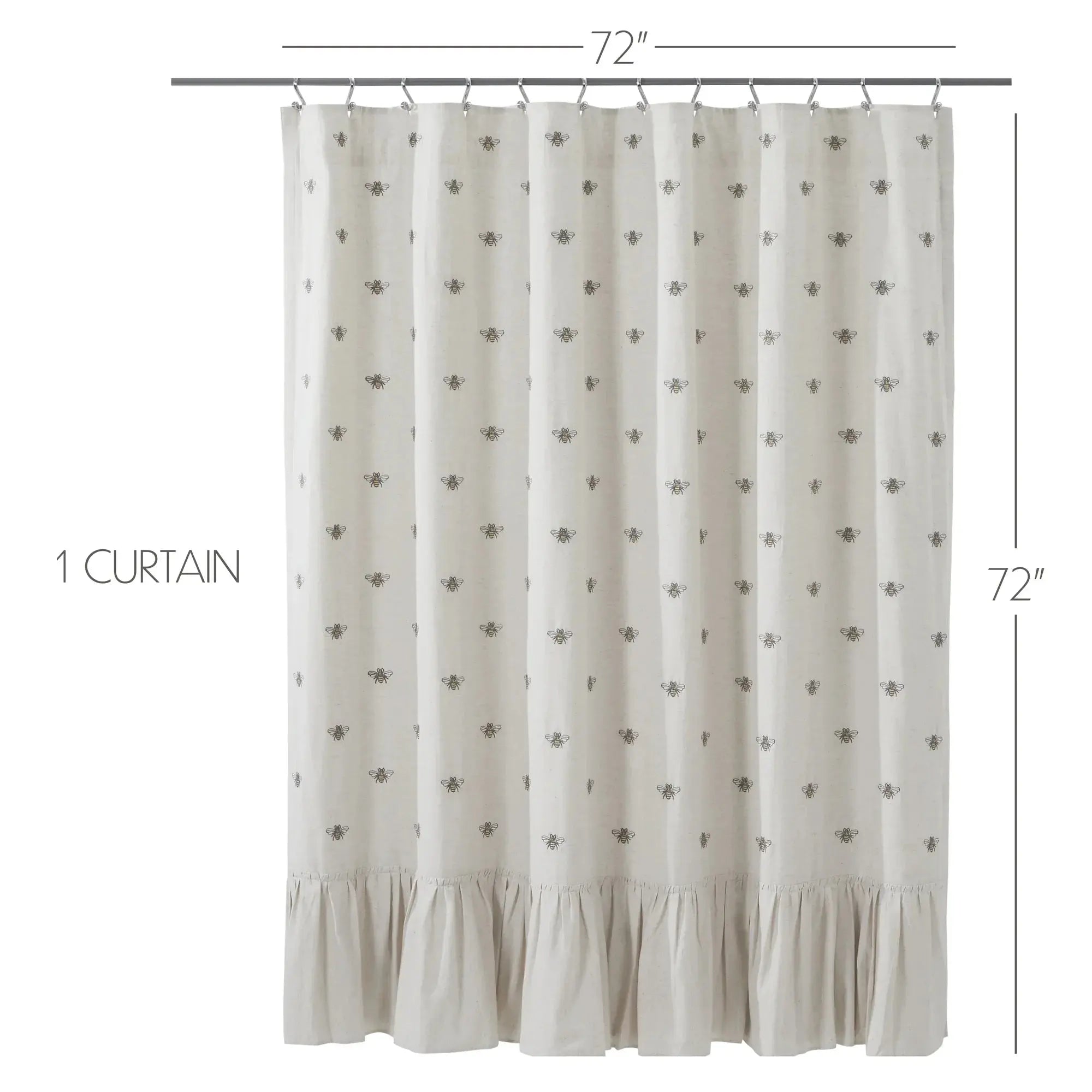 Shower curtain with floral pattern and ruffled bottom on a white background