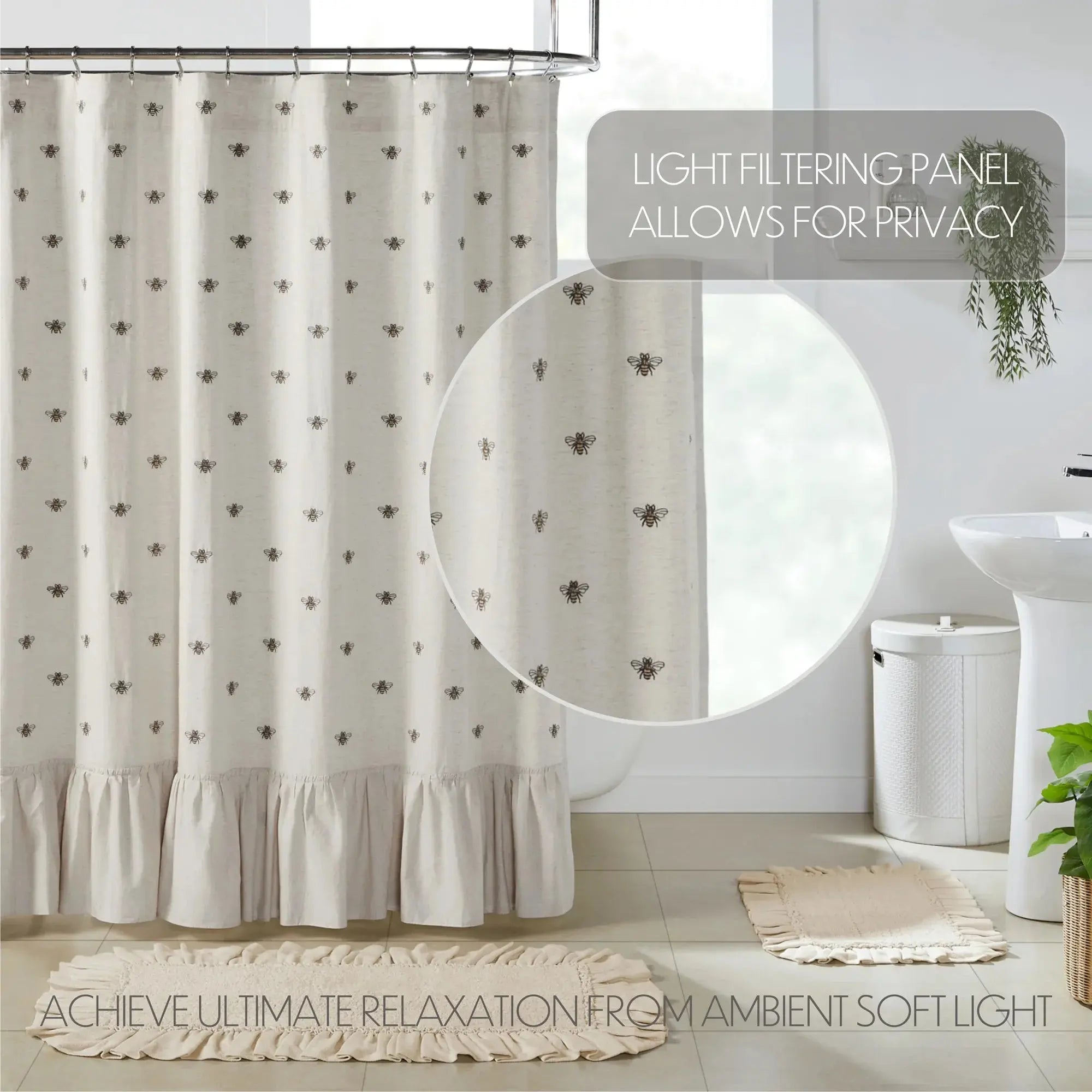 Shower curtain with bee pattern in a bathroom setting