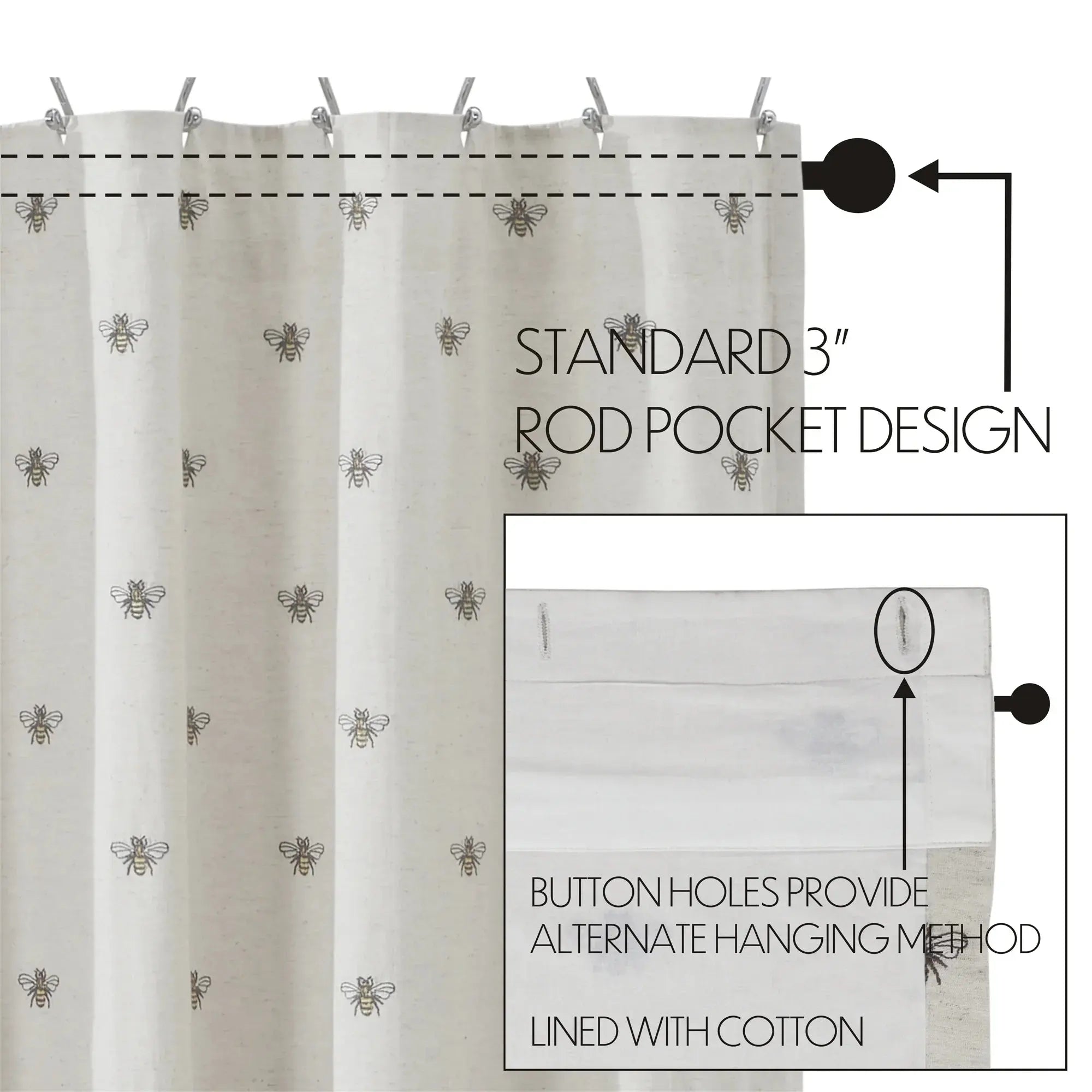 Curtain with bee pattern and text describing rod pocket design and lining details.