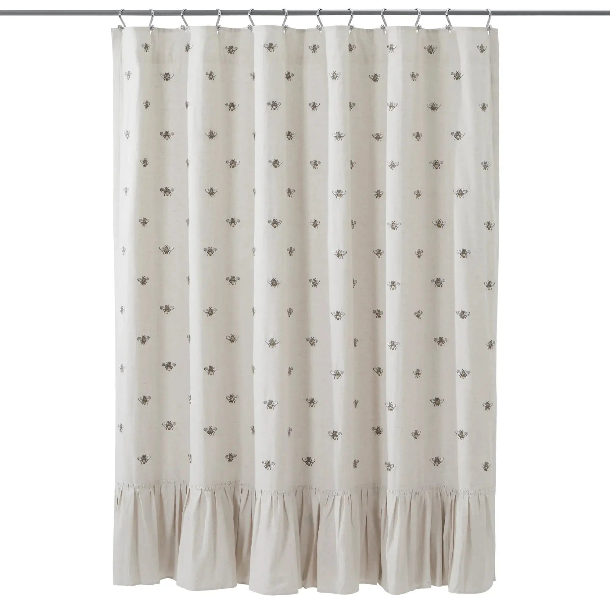 Beige shower curtain with subtle pattern on a white background
