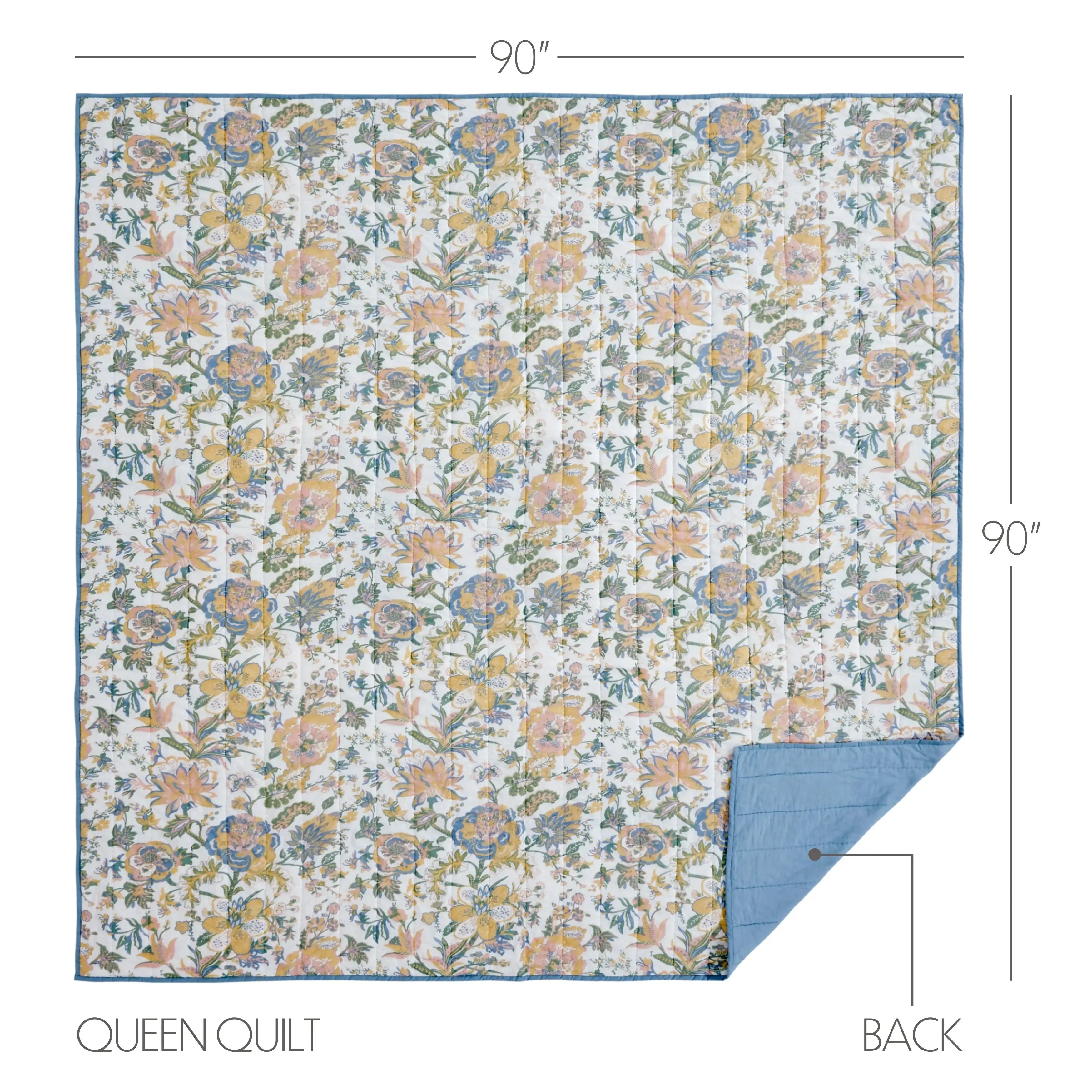 Queen quilt with floral pattern and blue backing, 90 inches square, cozy farmhouse style bedding