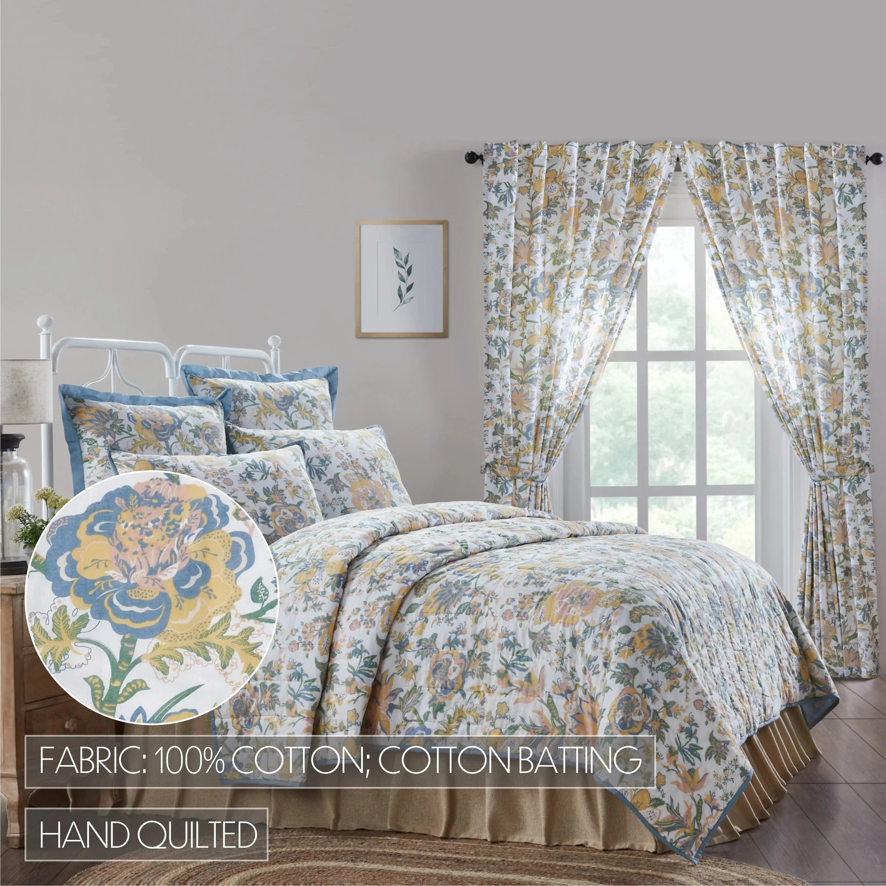 Hand-quilted floral cotton bedding set with matching curtains, cozy farmhouse style bedroom decor