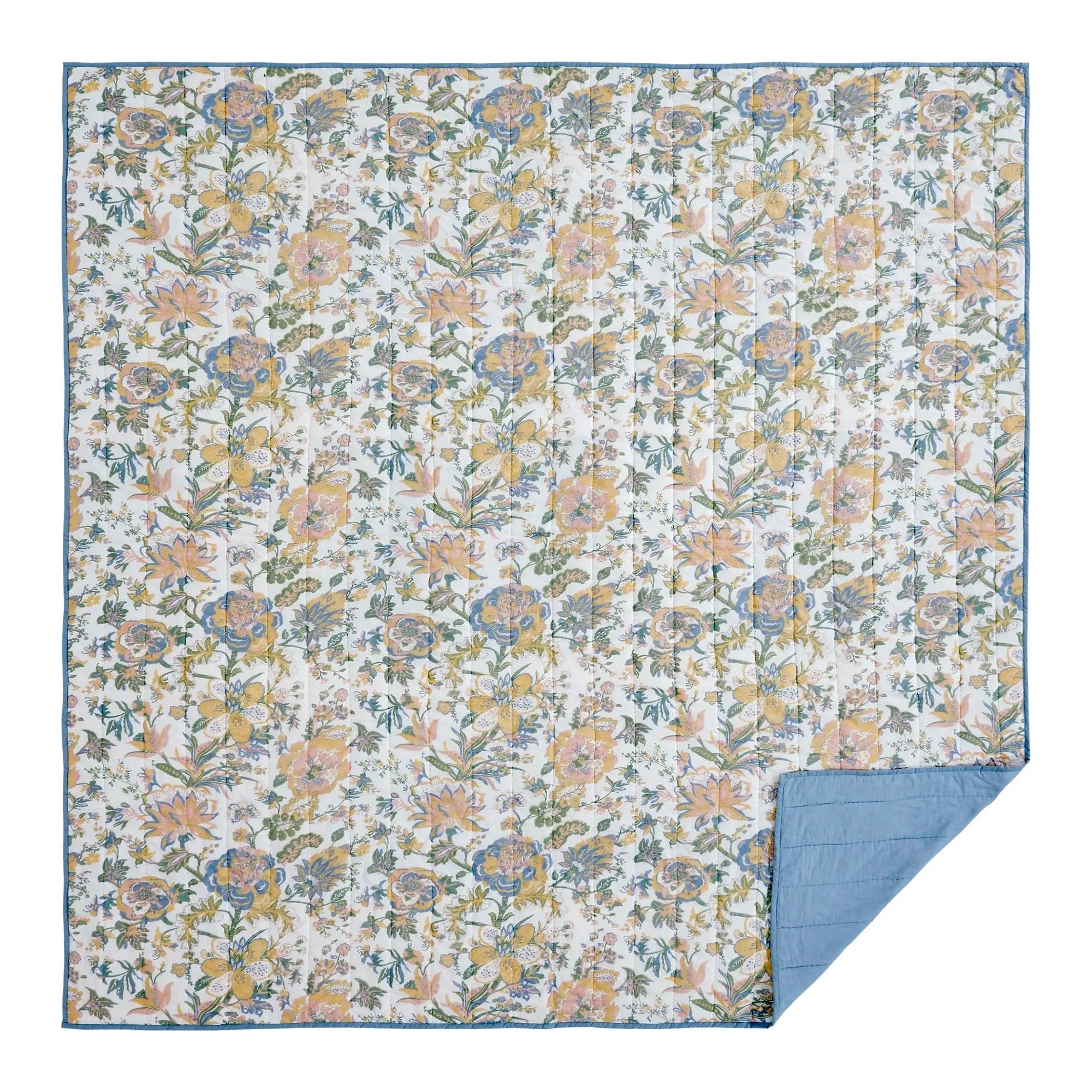 Floral quilt with blue border, cozy farmhouse style home decor for beds or couches