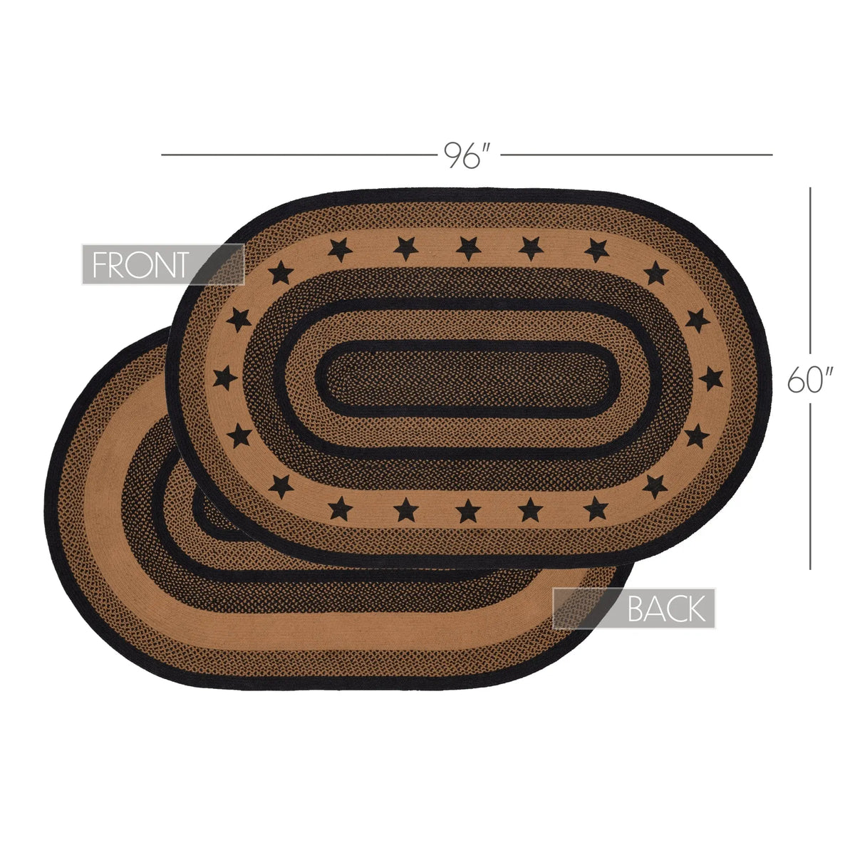 Oval area rug shown from front and back on a white background with dimension lines indicating 96 by 60 inches. The rug has concentric bands in tan, brown, and black with black star motifs around the border.
