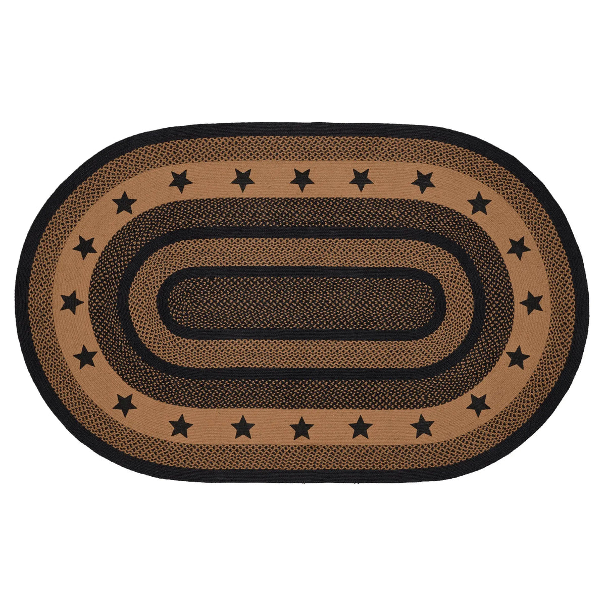An oval braided rug with concentric bands in tan and black, featuring a border of black stars, shown on a plain white background.