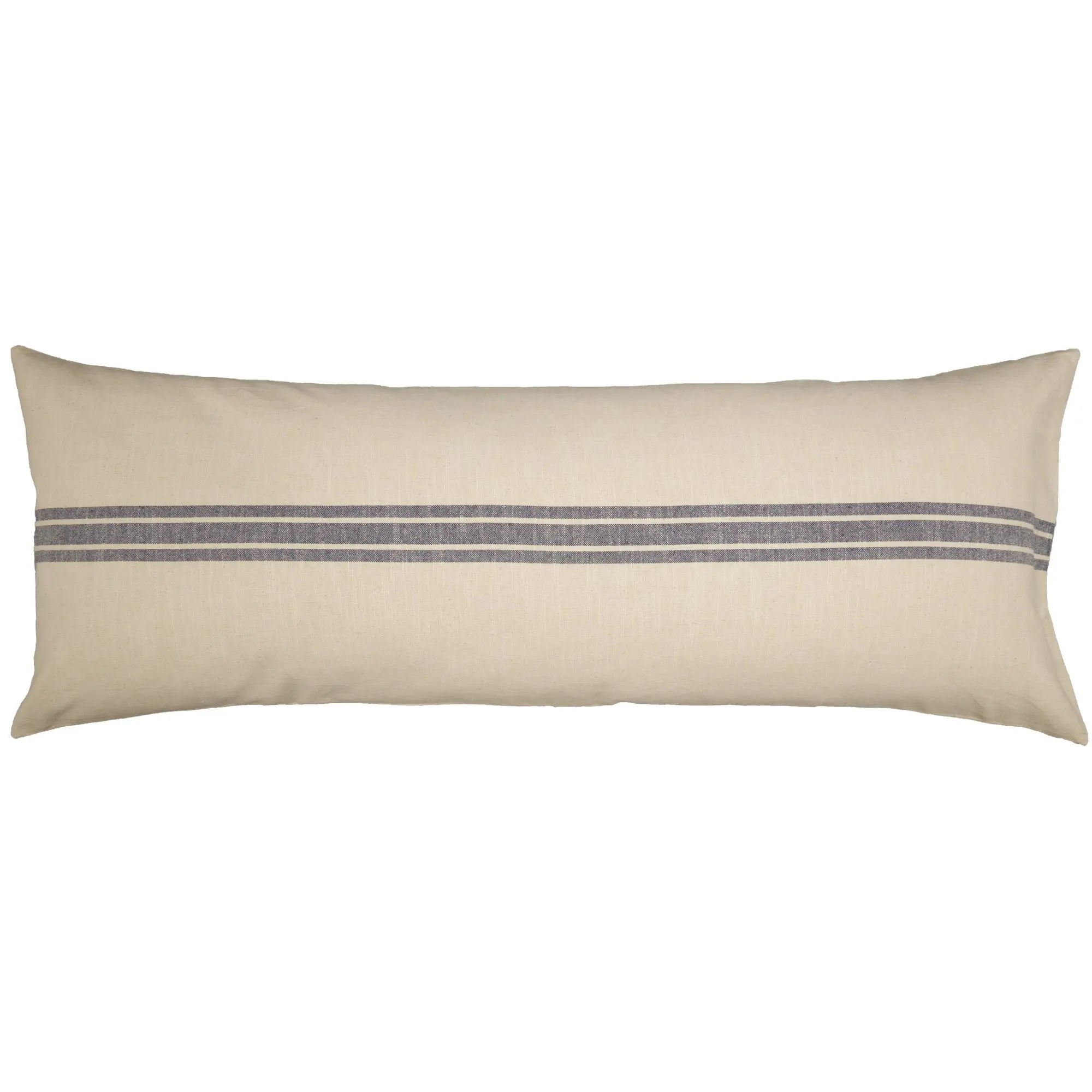 Beige pillow with two horizontal gray stripes on a white background