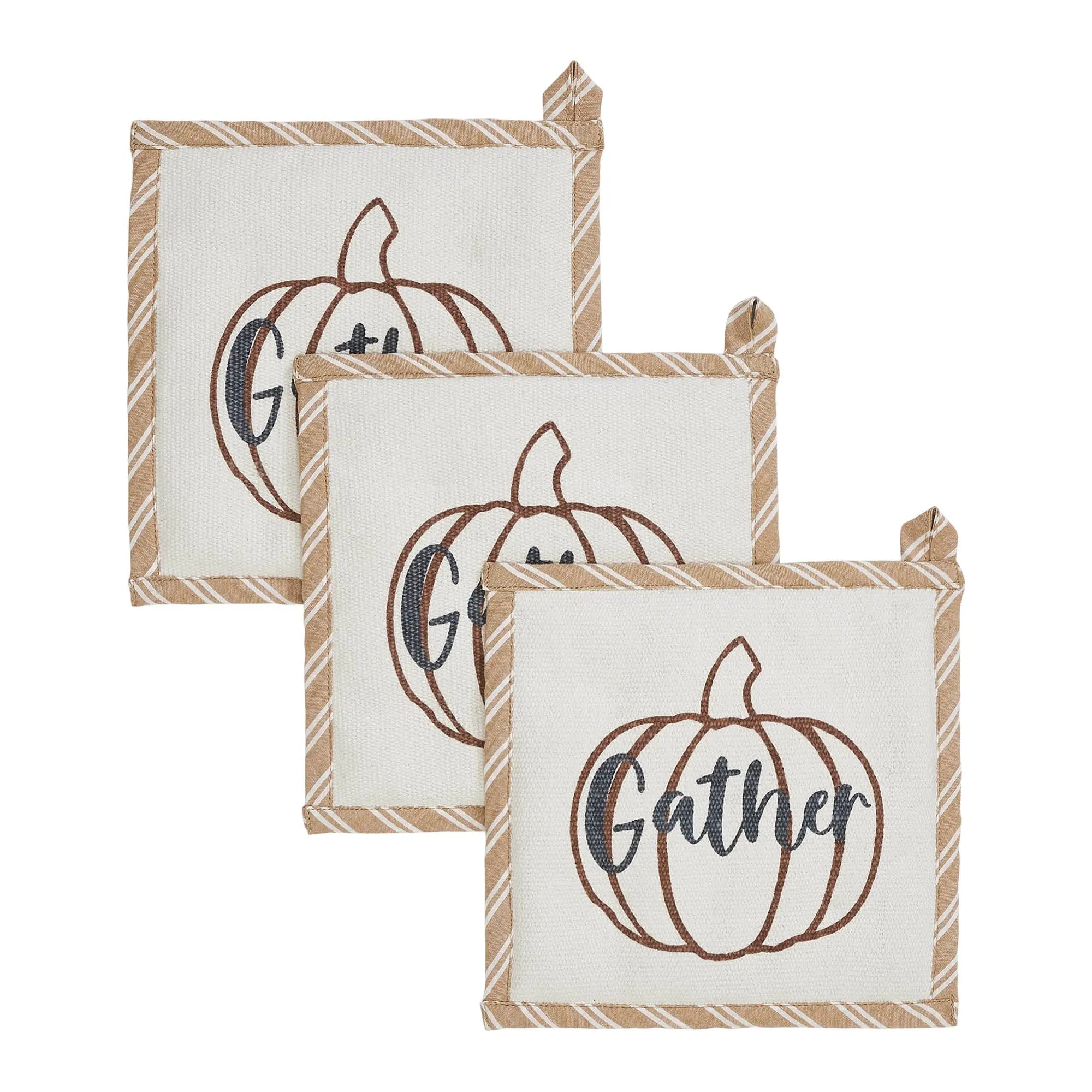 Three square woven potholders with a fall harvest theme, featuring a brown pumpkin outline, a dark gray 'Gather' script, and a beige and brown striped border on a white background.