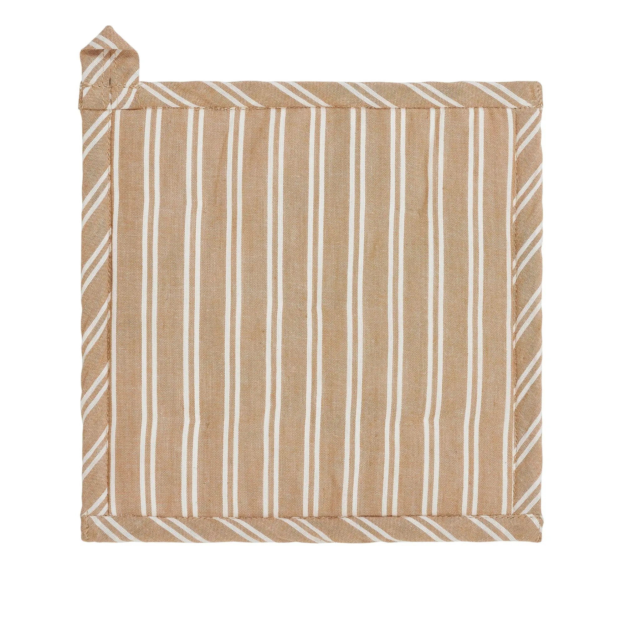 A square beige fabric pot holder or potholder with vertical white stripes and a matching striped loop tab on the upper left, shown on a plain white background.