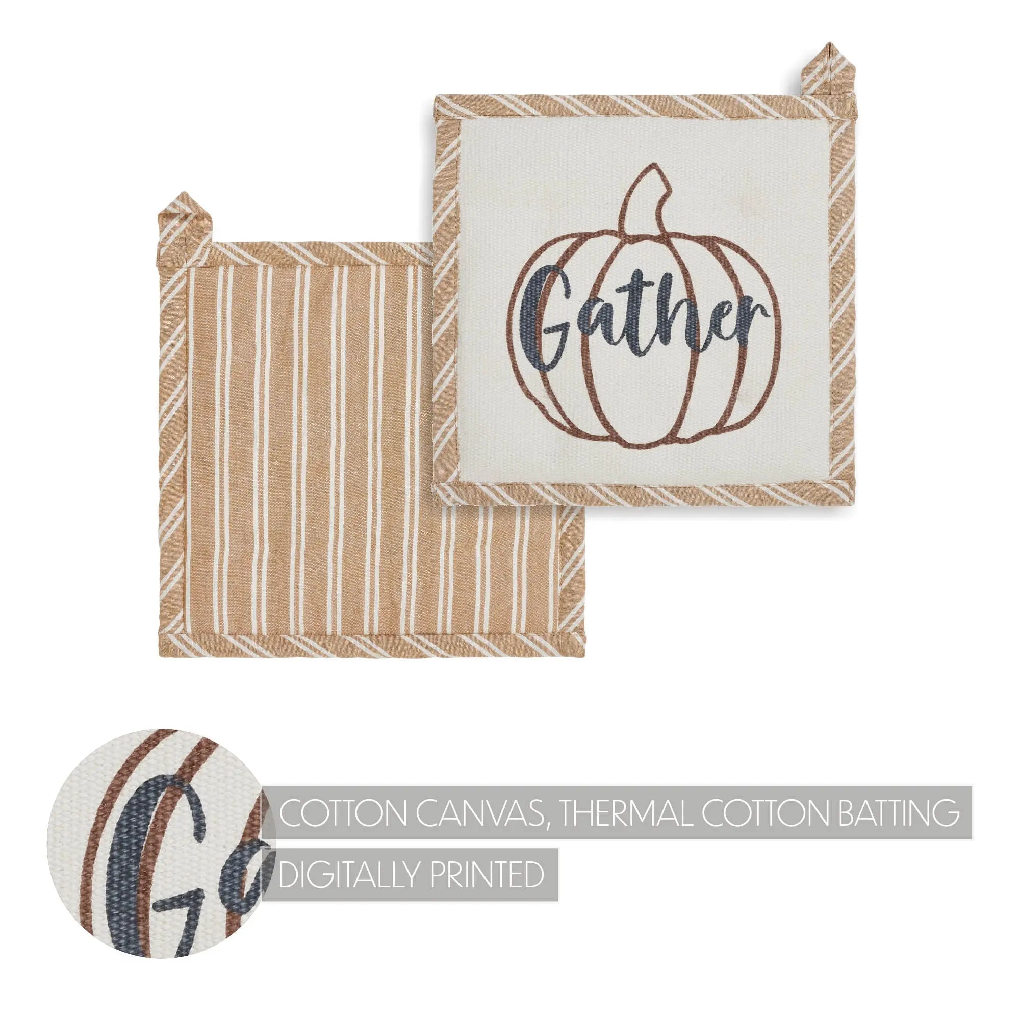 Two rectangular decorative cloth napkins or potholders on a white background. One napkin is cream and tan with thin vertical stripes and a small hanging tab at the top.