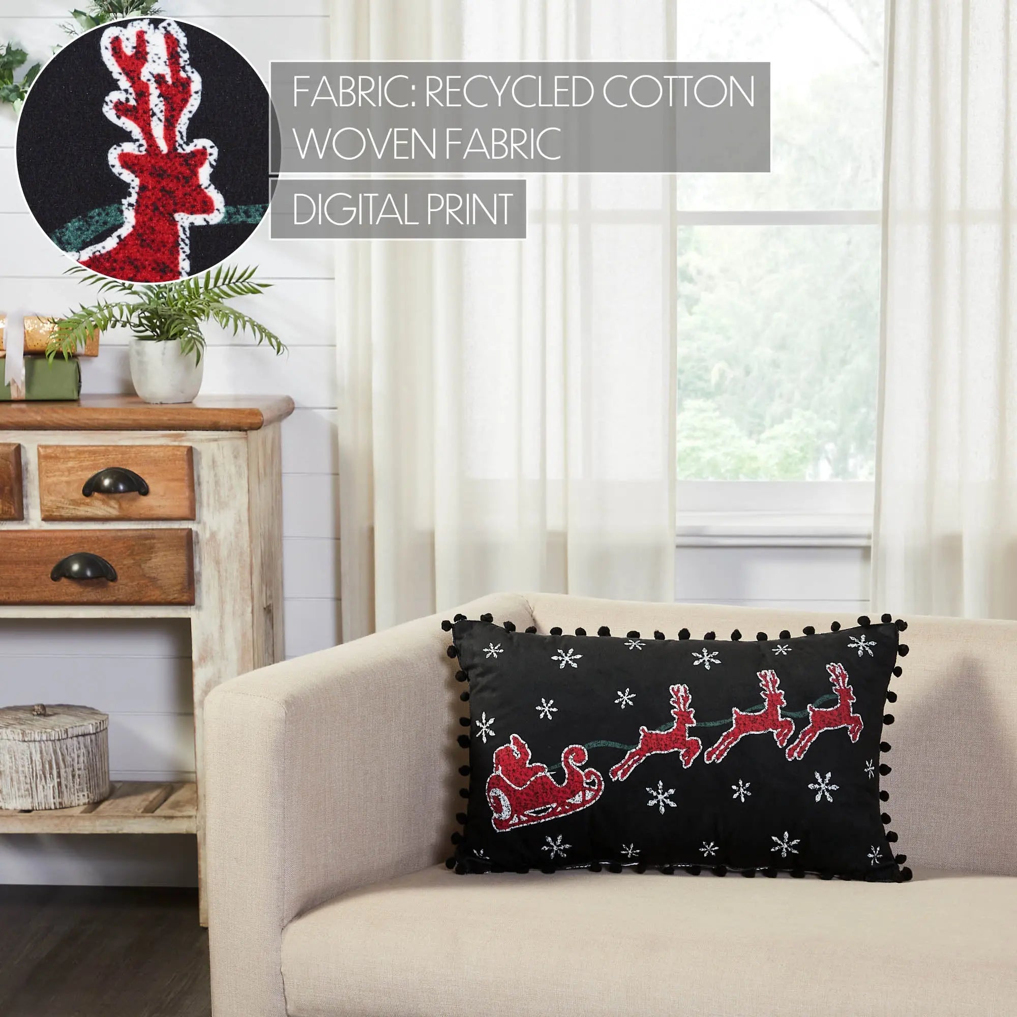 Annie Black Check Santa Sleigh Throw Pillow – 14" x 22"