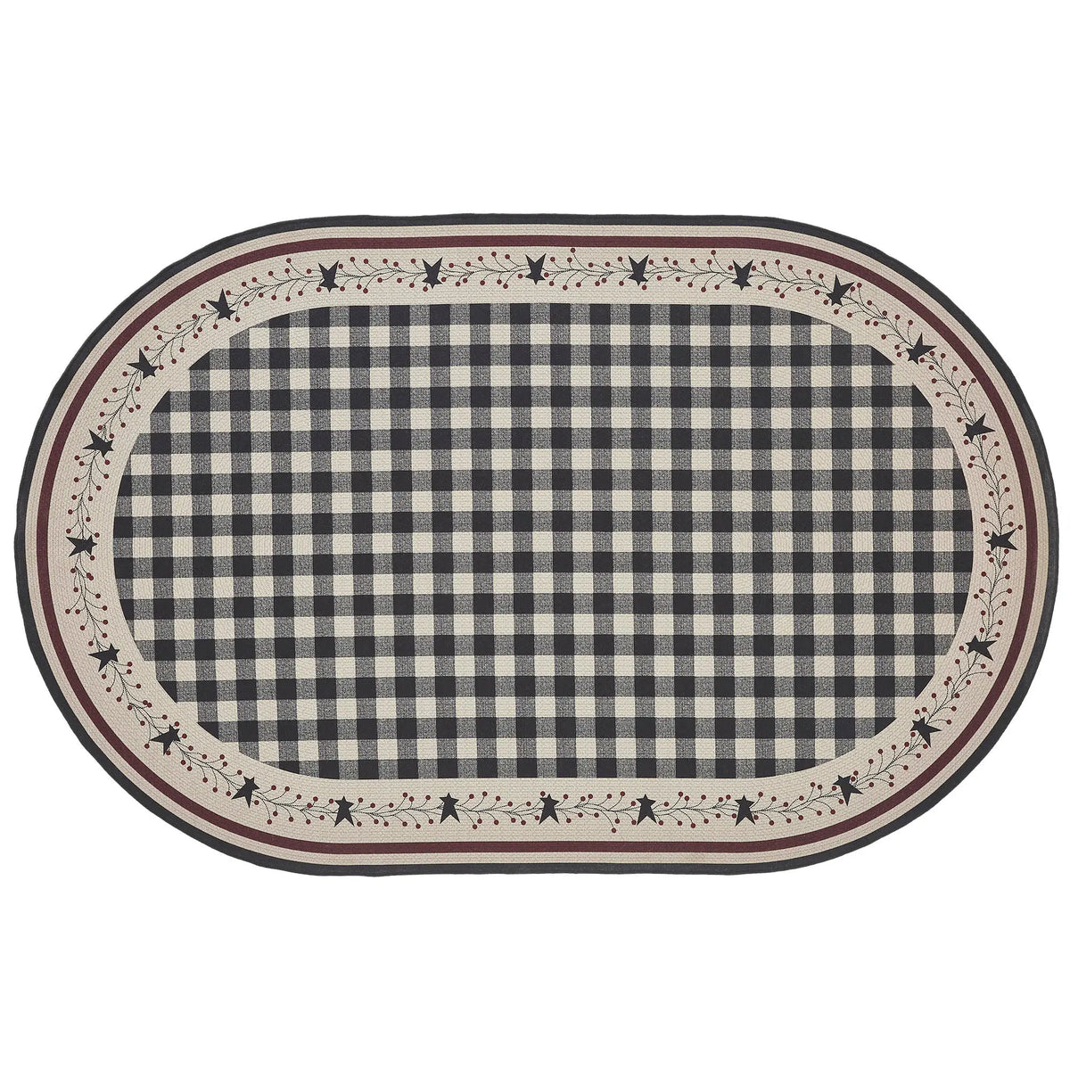 An oval area rug with a black and off-white gingham check pattern in the center, surrounded by a decorative border featuring stars, dots, and stripes in black, cream, and burgundy.