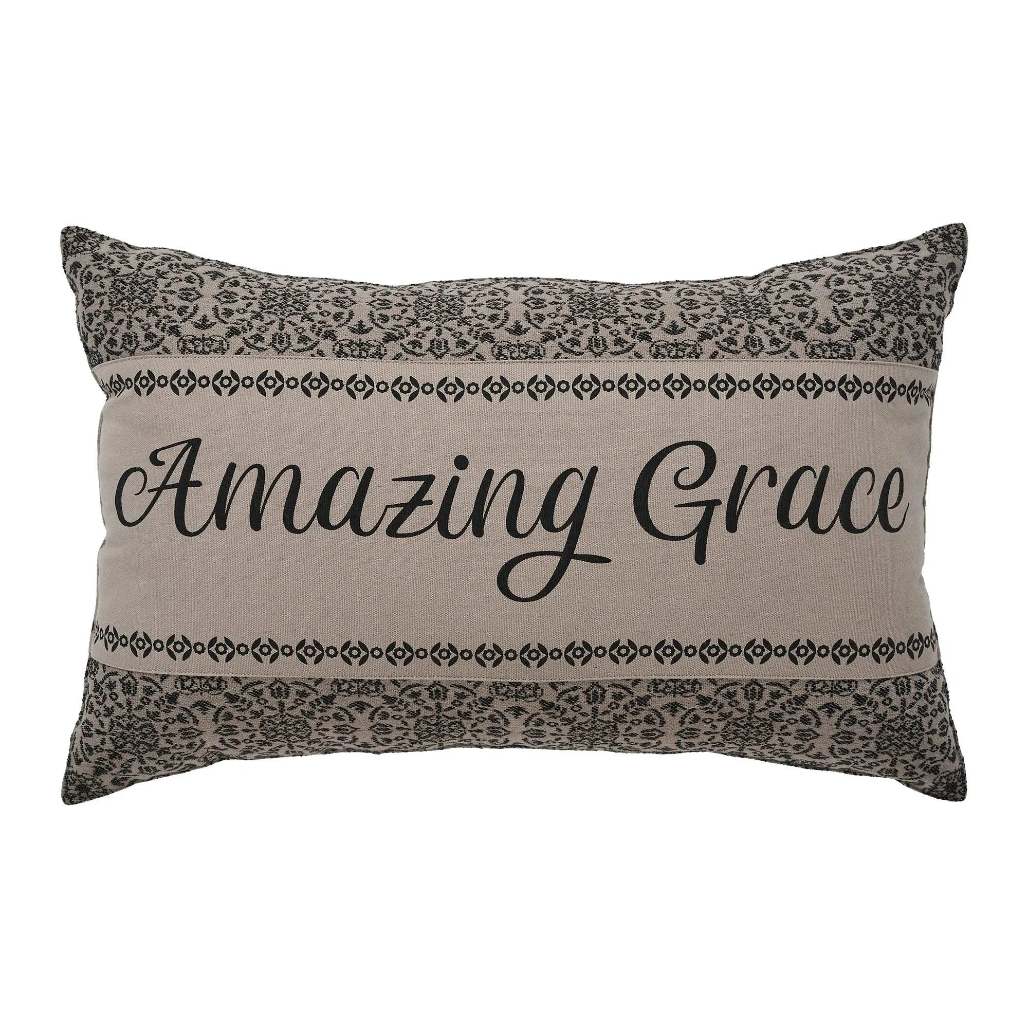 Amazing Grace decorative pillow with black script and floral pattern, farmhouse style home decor