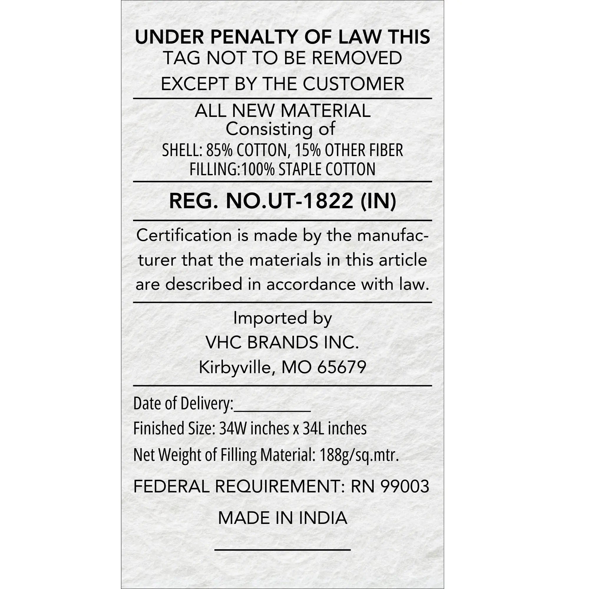 Text label on a white background with black text detailing product information.