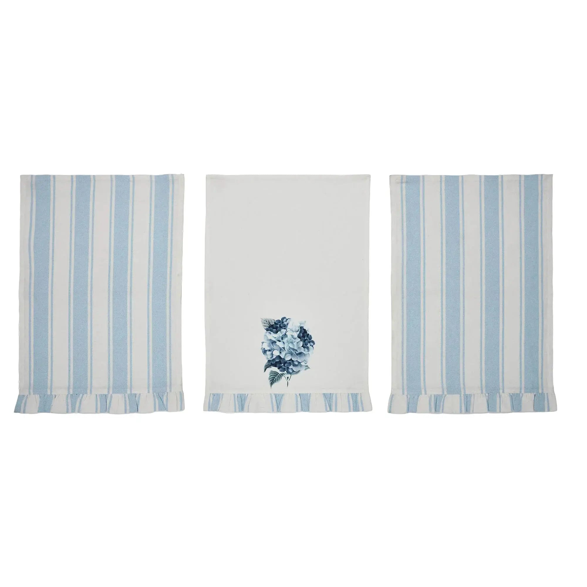 Set of three towels with blue and white stripes and a floral design on a white background