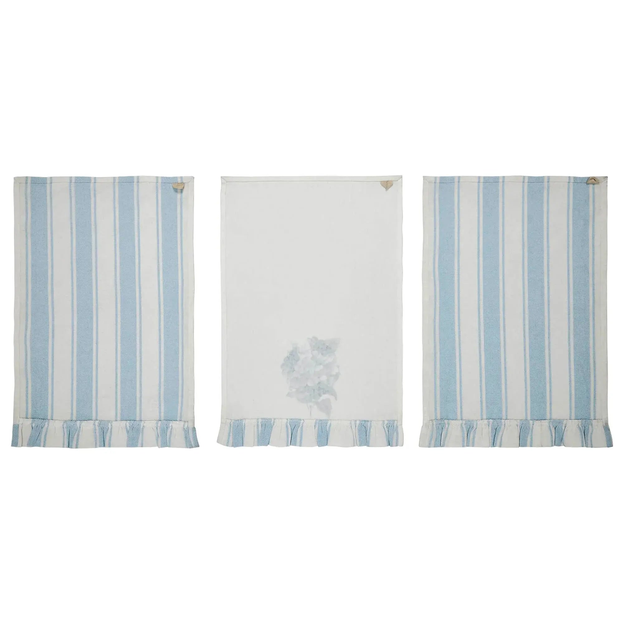 Set of three striped towels with a central white towel featuring a cloud design on a white background