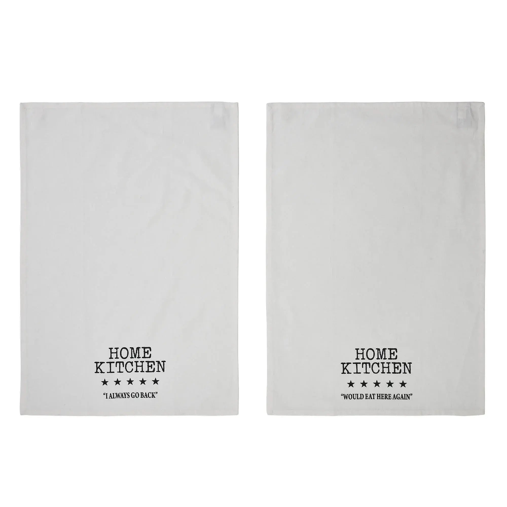 Two white kitchen towels with black text on a white background