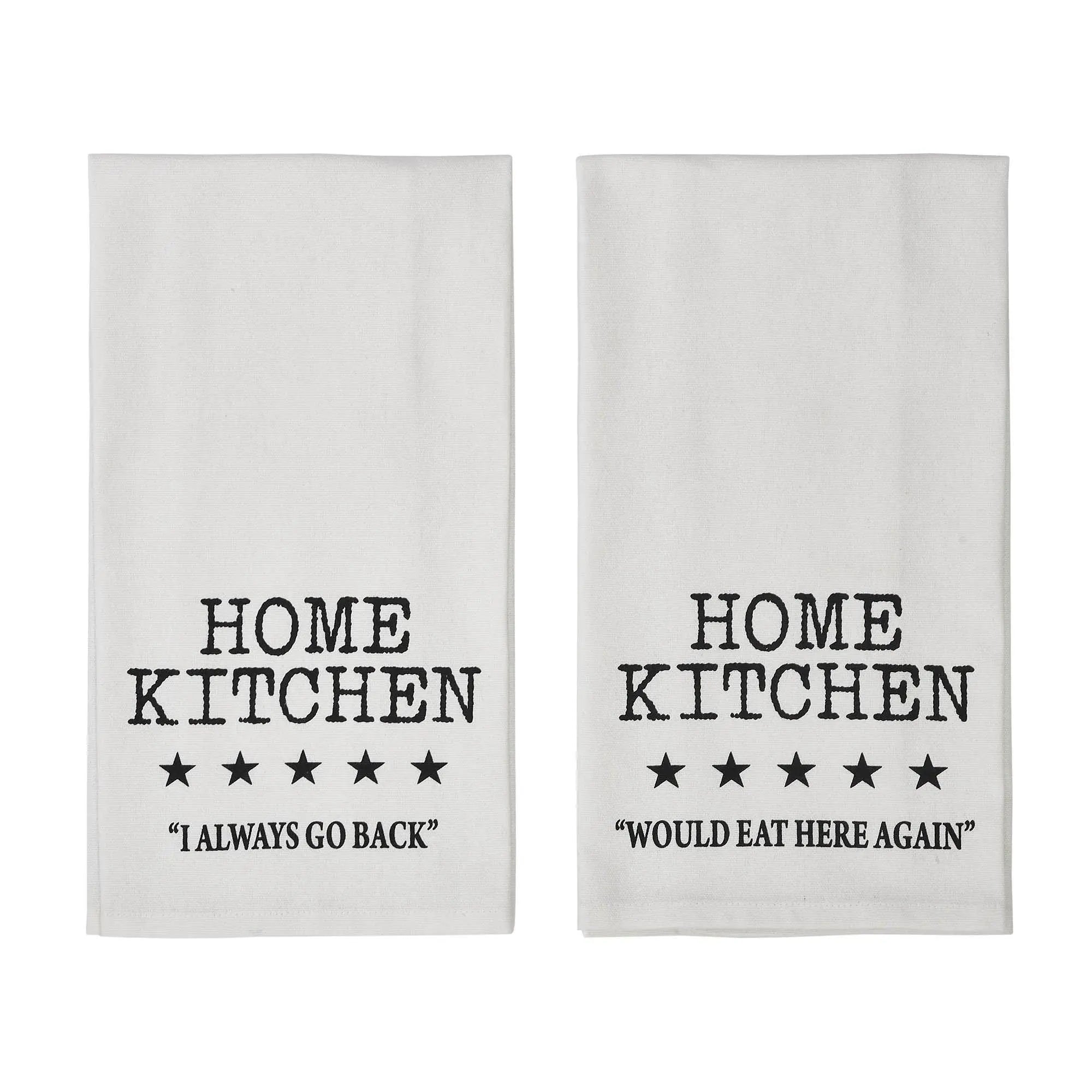 Two white towels with black text on a white background
