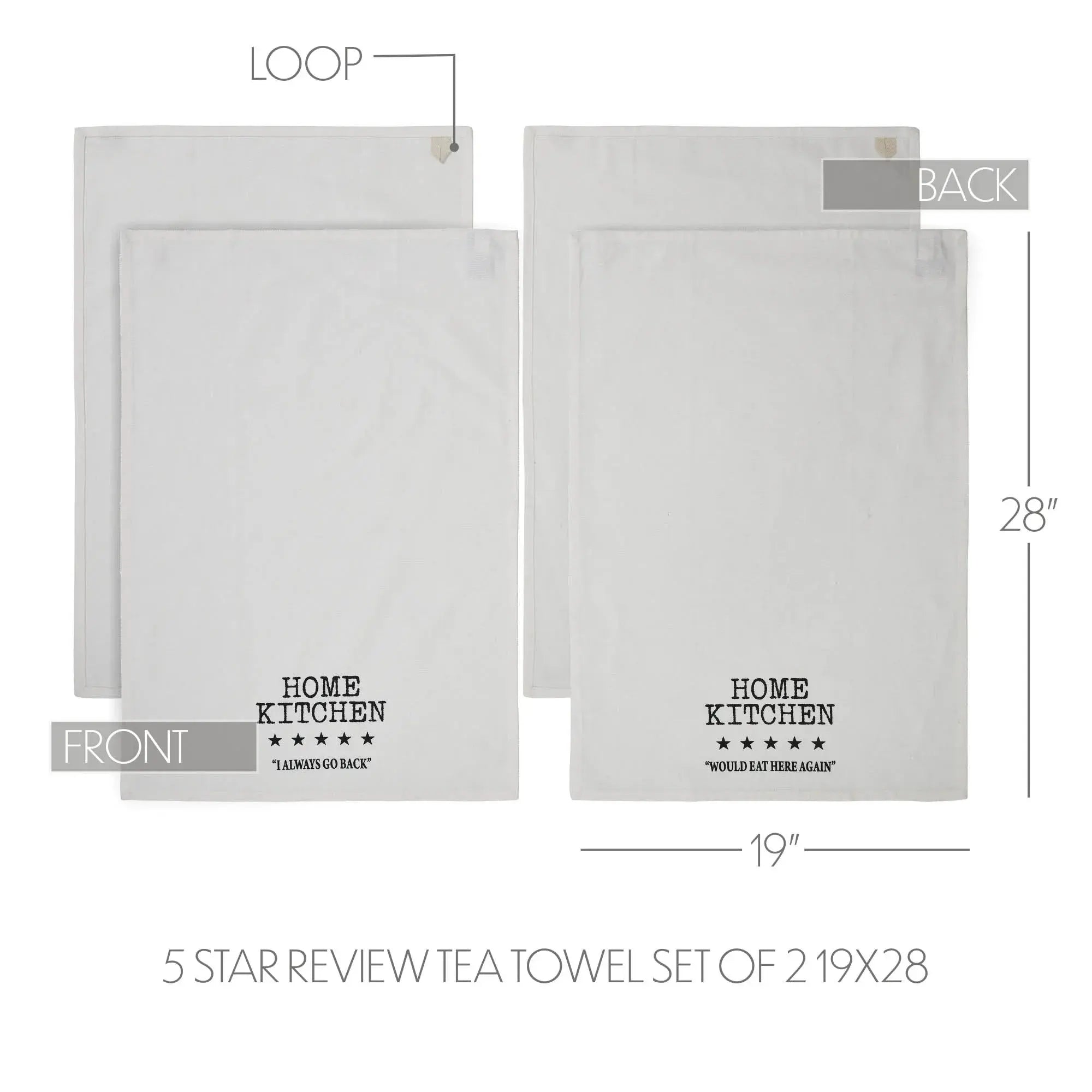 Tea towel set with front and back views, labeled 'Home Kitchen' and dimensions.