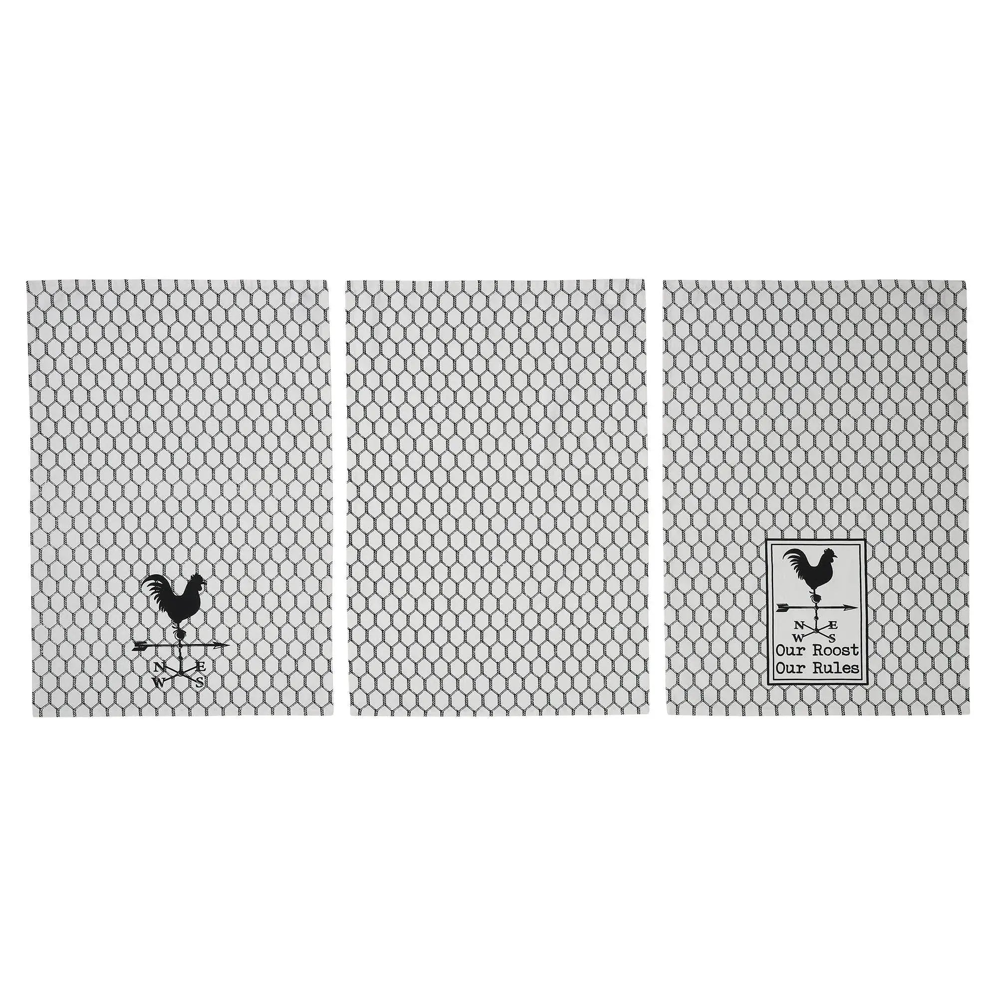 Three gray placemats with black rooster designs on a white background