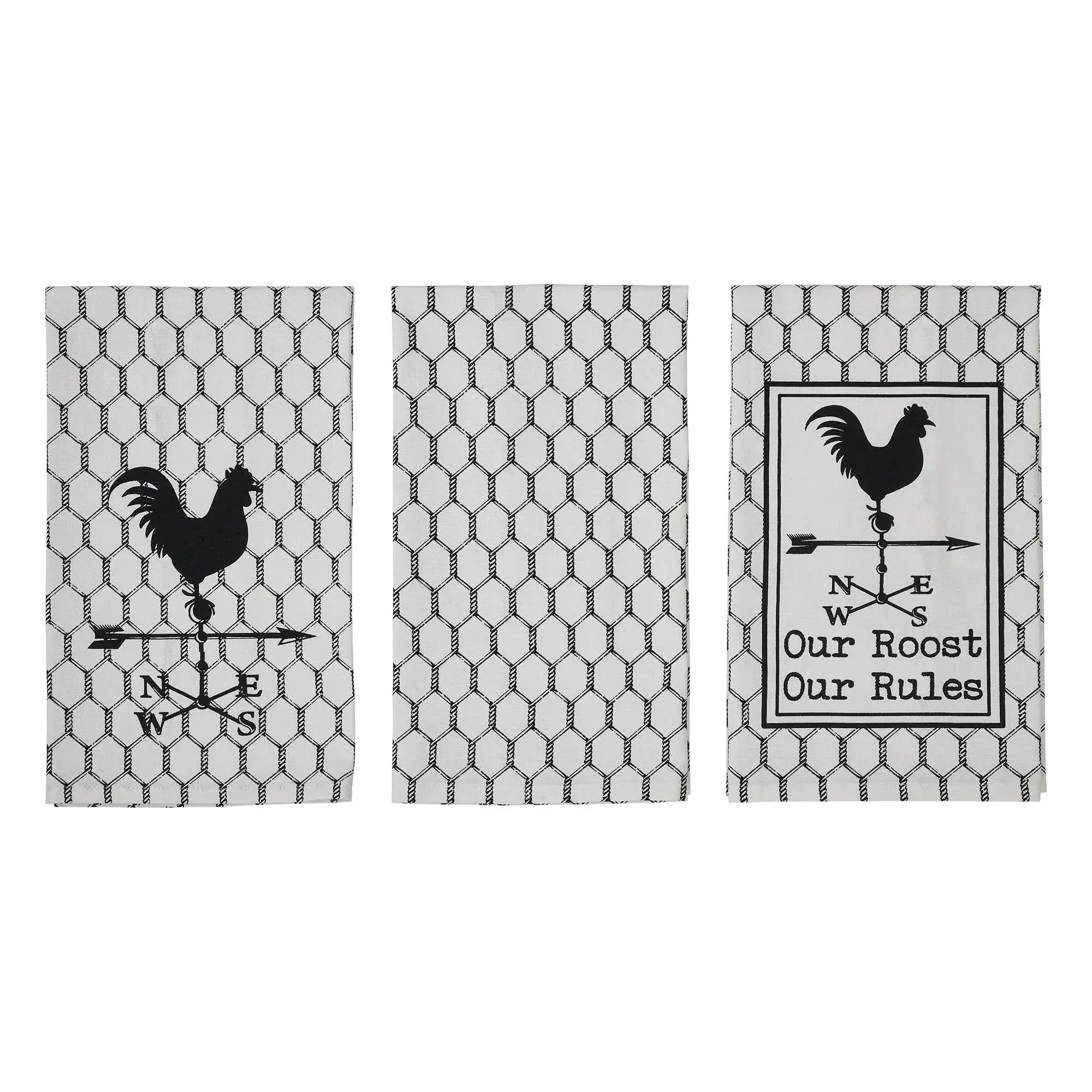 Three decorative towels with rooster designs and text on a white background