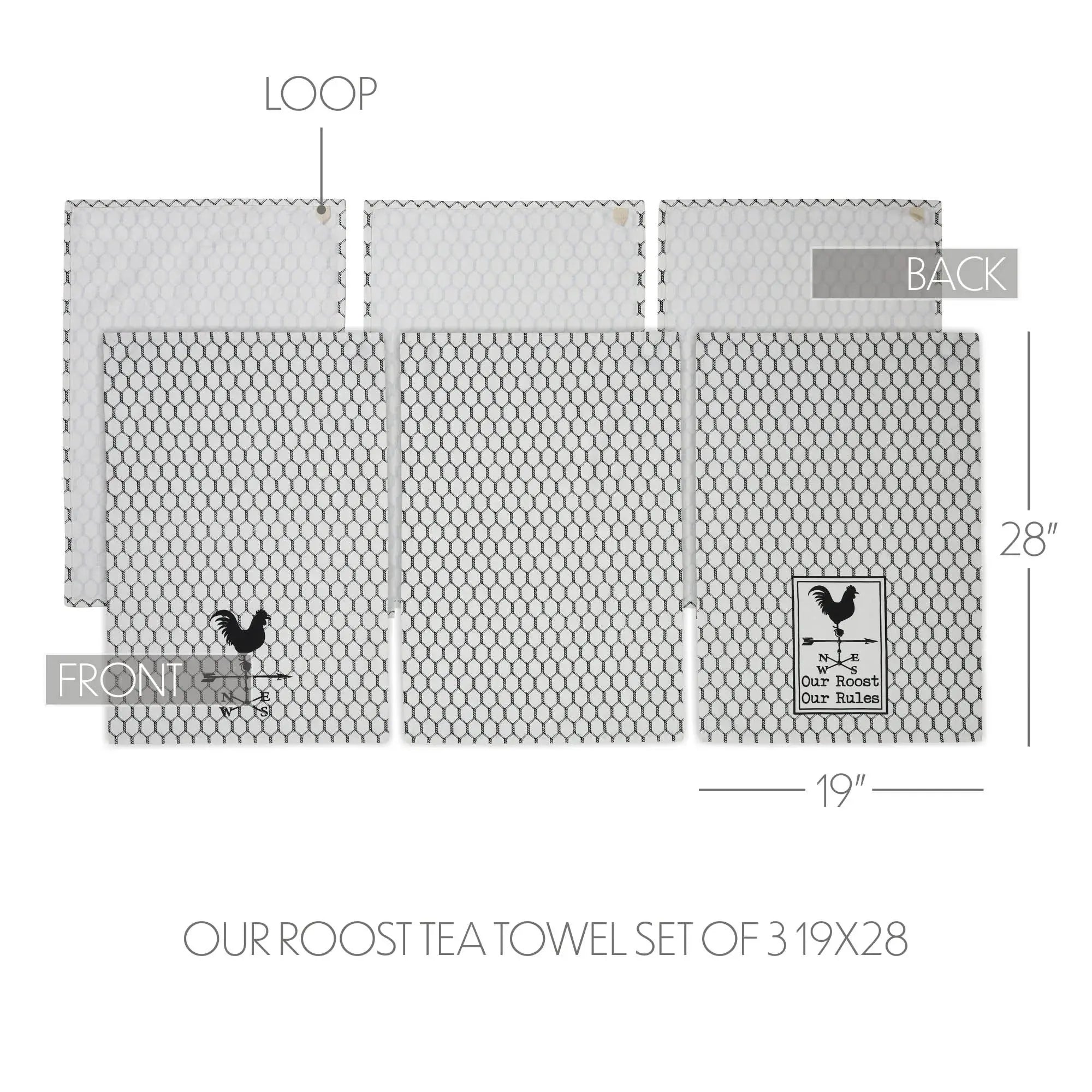 Tea towel set with front and back views, dimensions, and branding details on a white background.