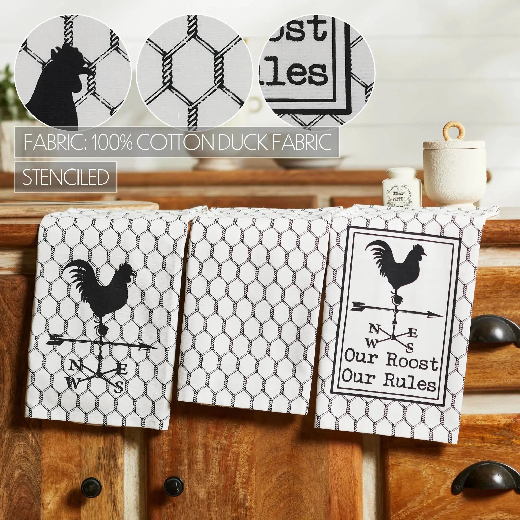 Three fabric panels with rooster designs on a wooden surface.