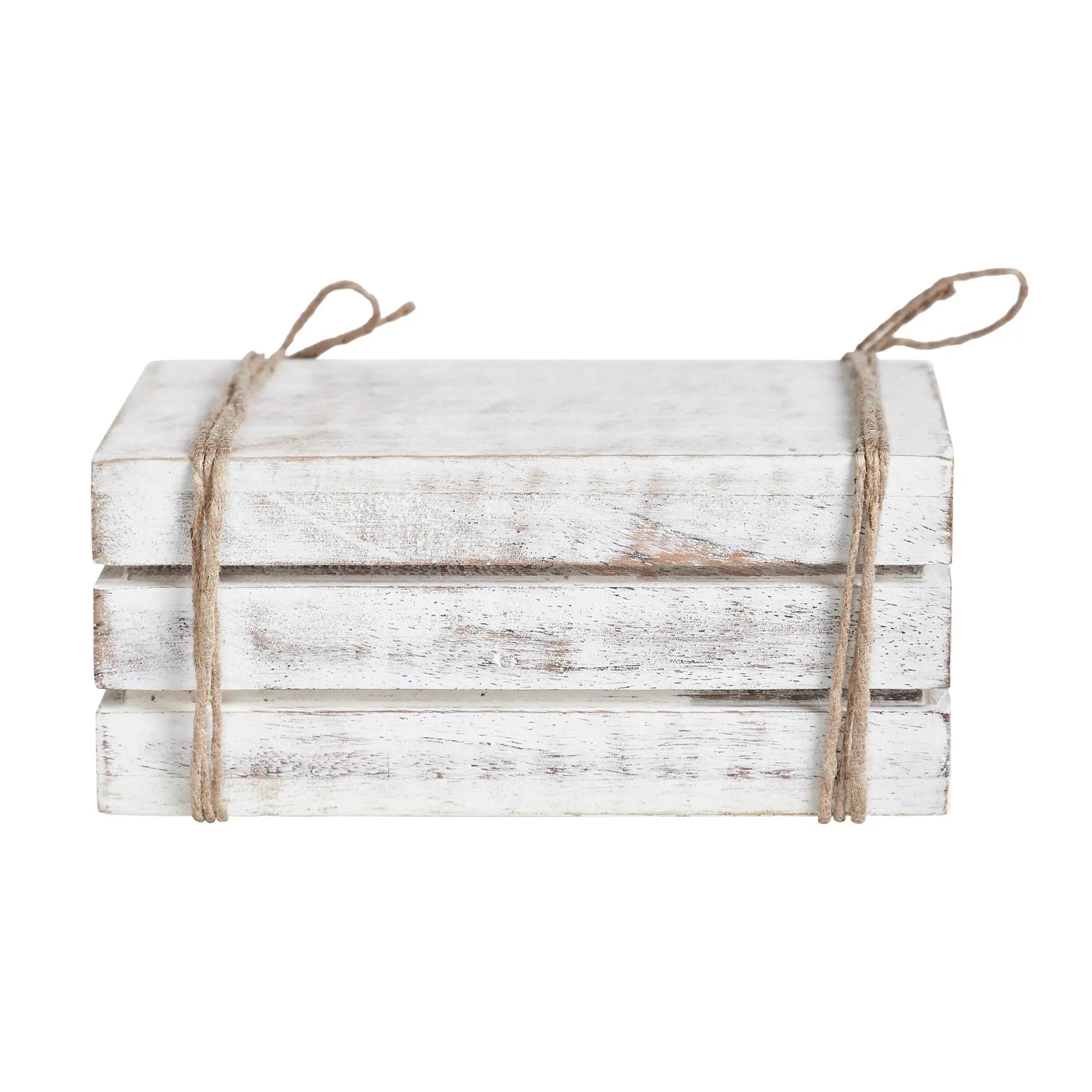 Stack of white wooden planks tied with twine on a white background