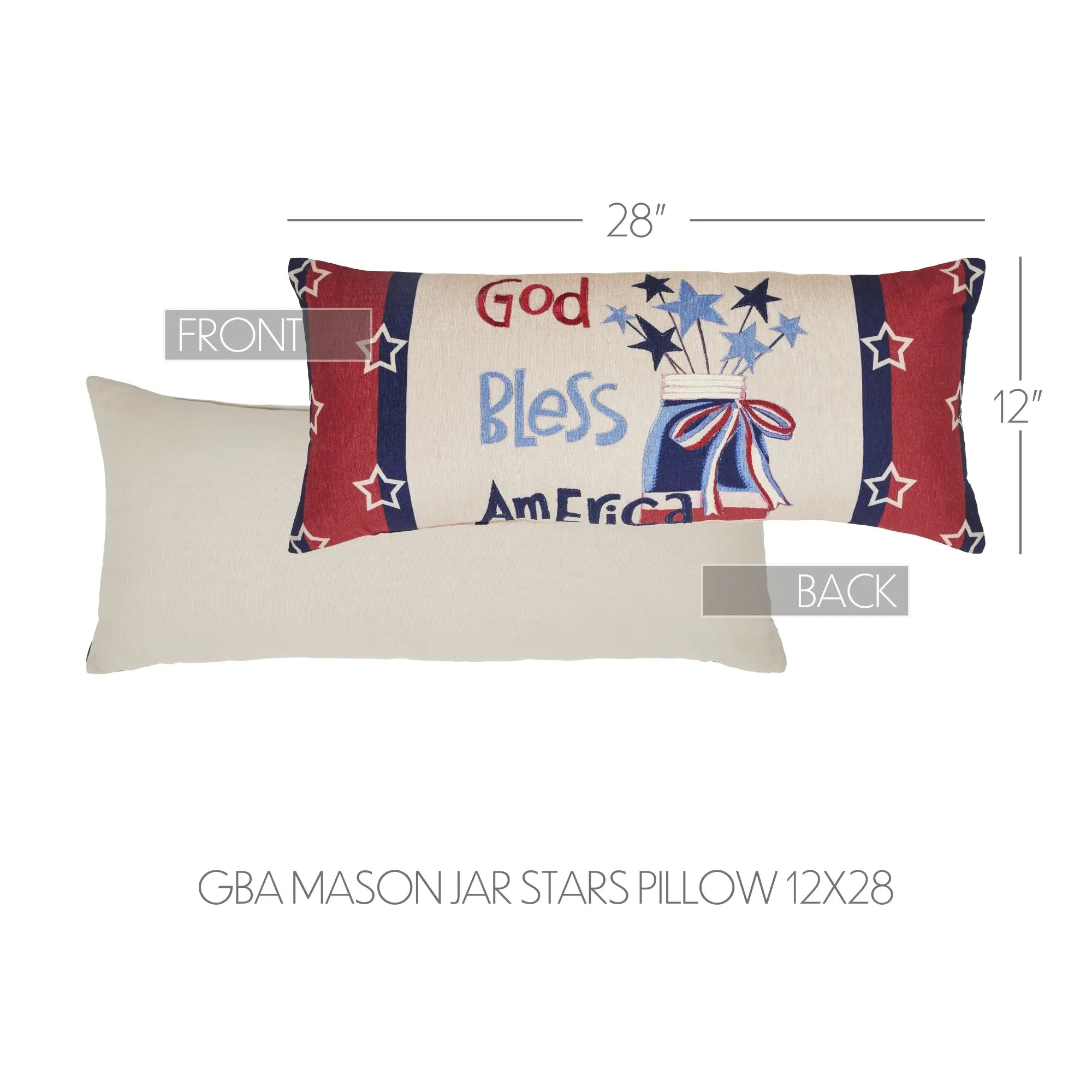 Decorative pillow with 'God Bless America' text and star designs, shown from front and back with measurements.